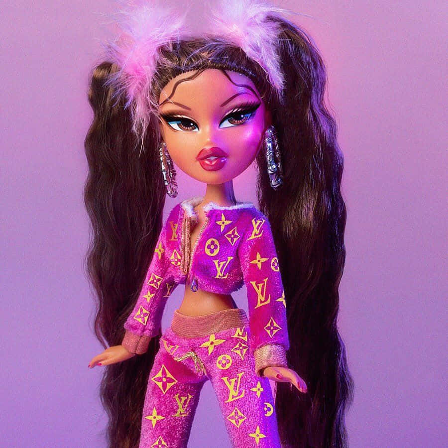 Black Bratz, pink feathered pigtails, glittery pink Louis Vuitton patterned outfit, SD Desktop Wallpaper