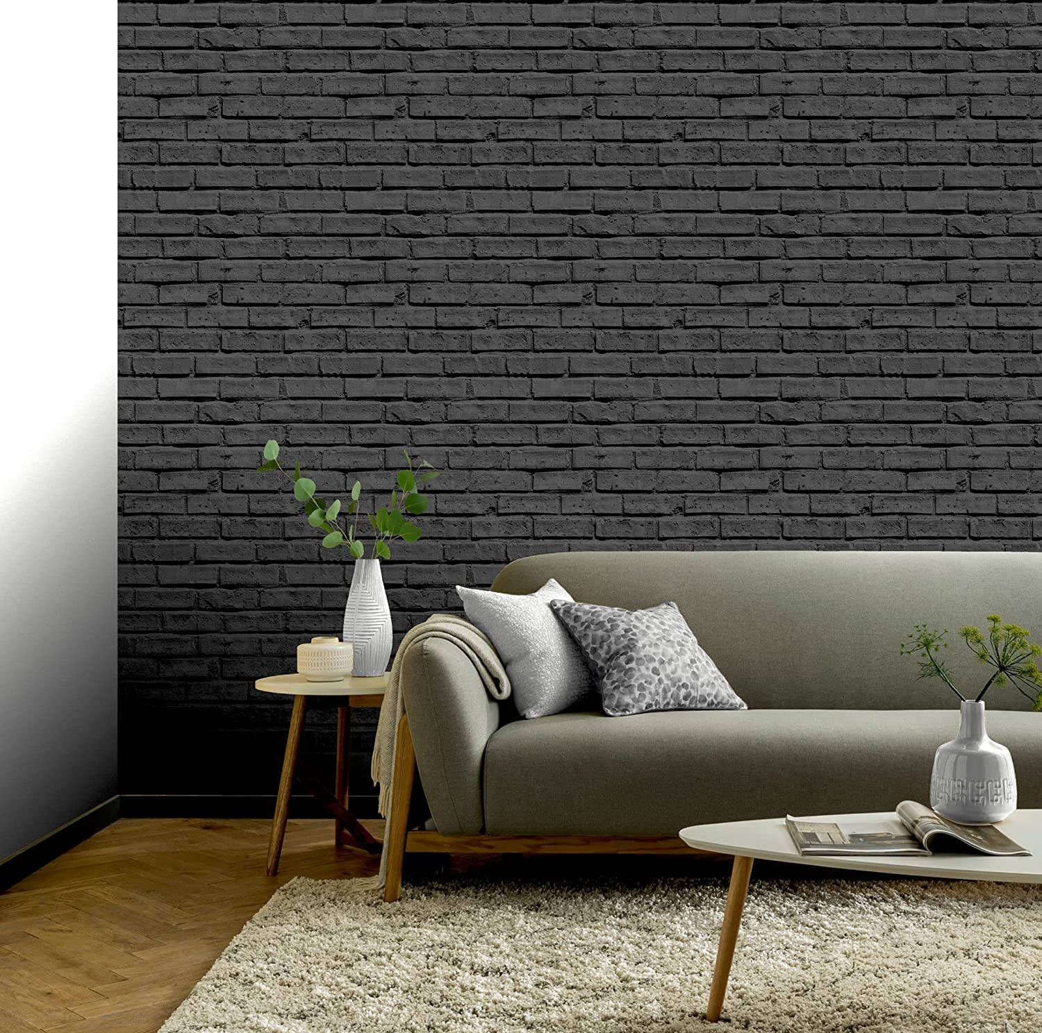 black brick wallpaper, gray sofa, wooden furniture, HD Desktop Wallpaper