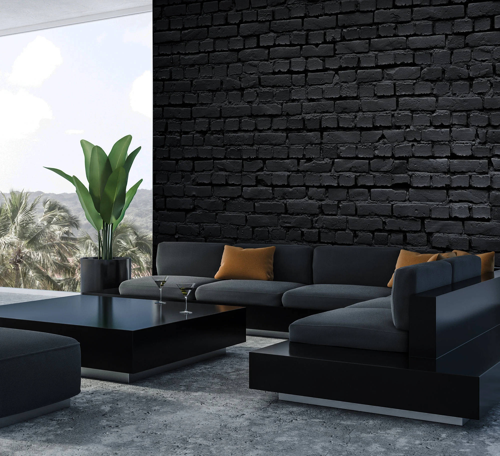 black brick wall, gray sofa, orange pillows, Full HD Desktop Wallpaper