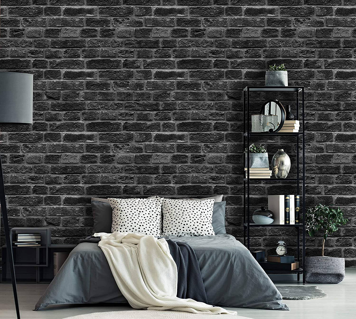 Black Brick Wall, bedroom, gray linens, HD Desktop Wallpaper