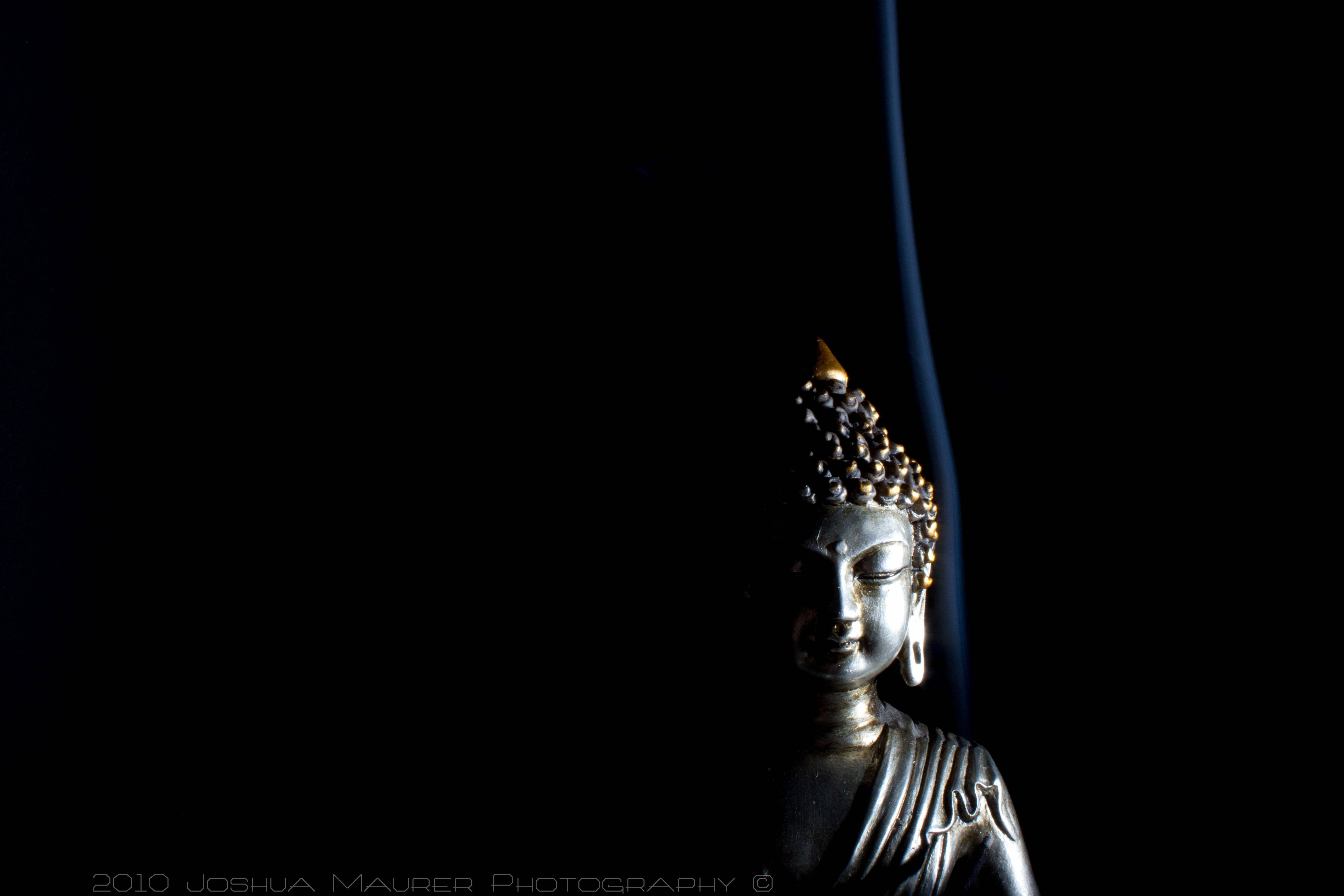 Black Buddha, silver Buddha statue, deep black background, 5K Desktop Wallpaper