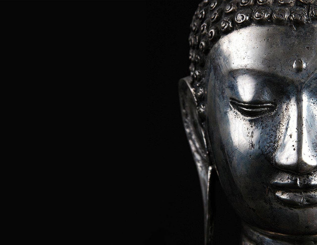 Black Buddha, silver Buddha head statue, stark black background, HD Desktop Wallpaper