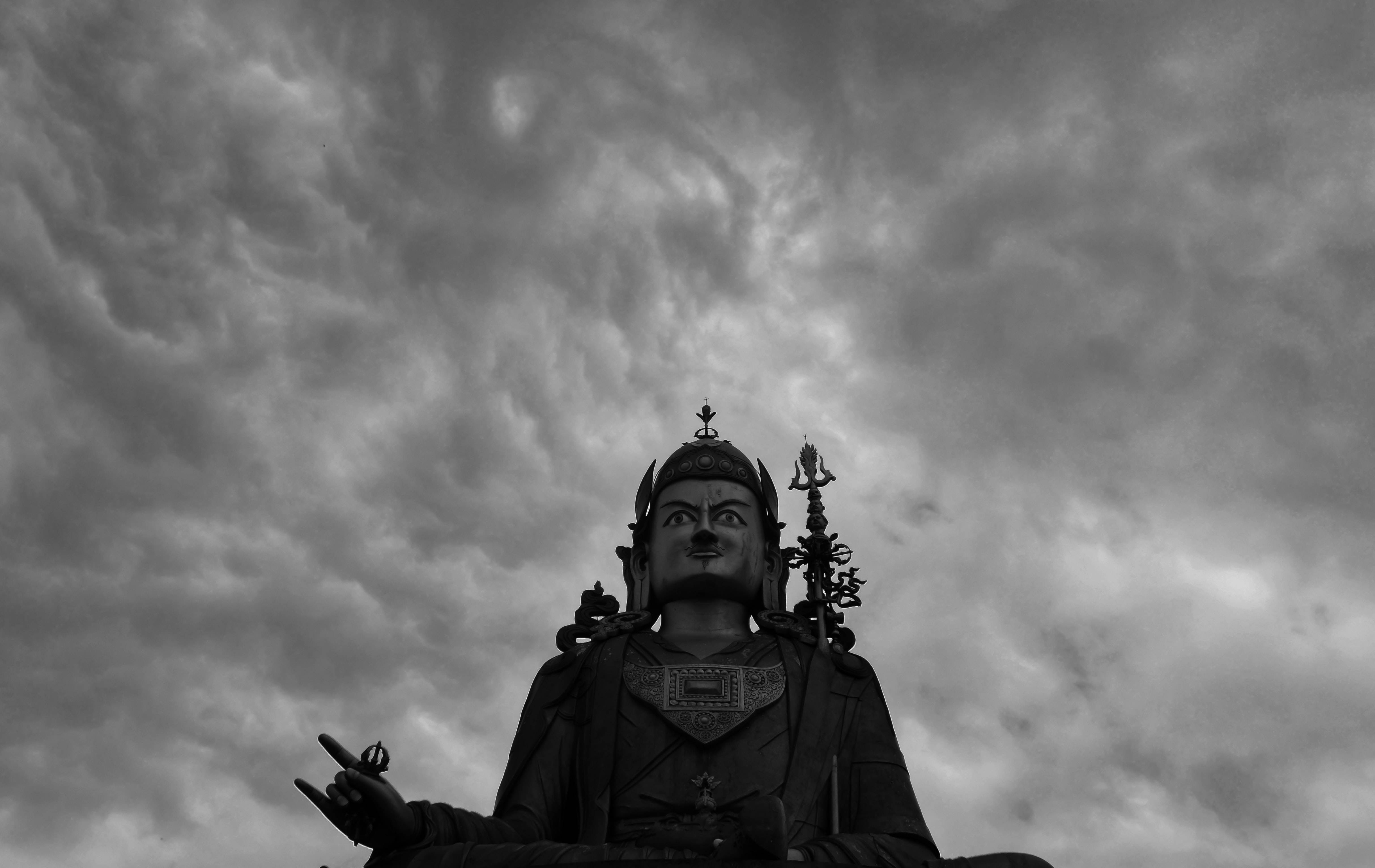 Black Buddha, cloudy sky, black and white statue, 4K Desktop Wallpaper