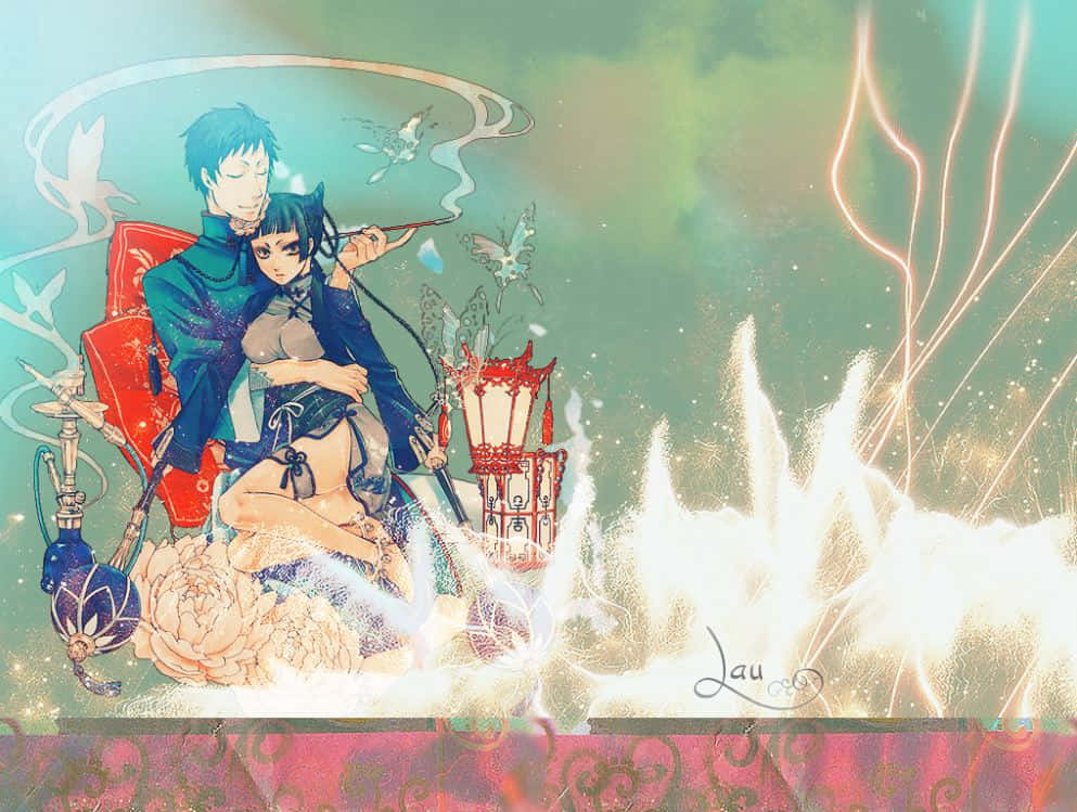 Black Butler, Lau, teal and gold backdrop, SD Desktop Wallpaper