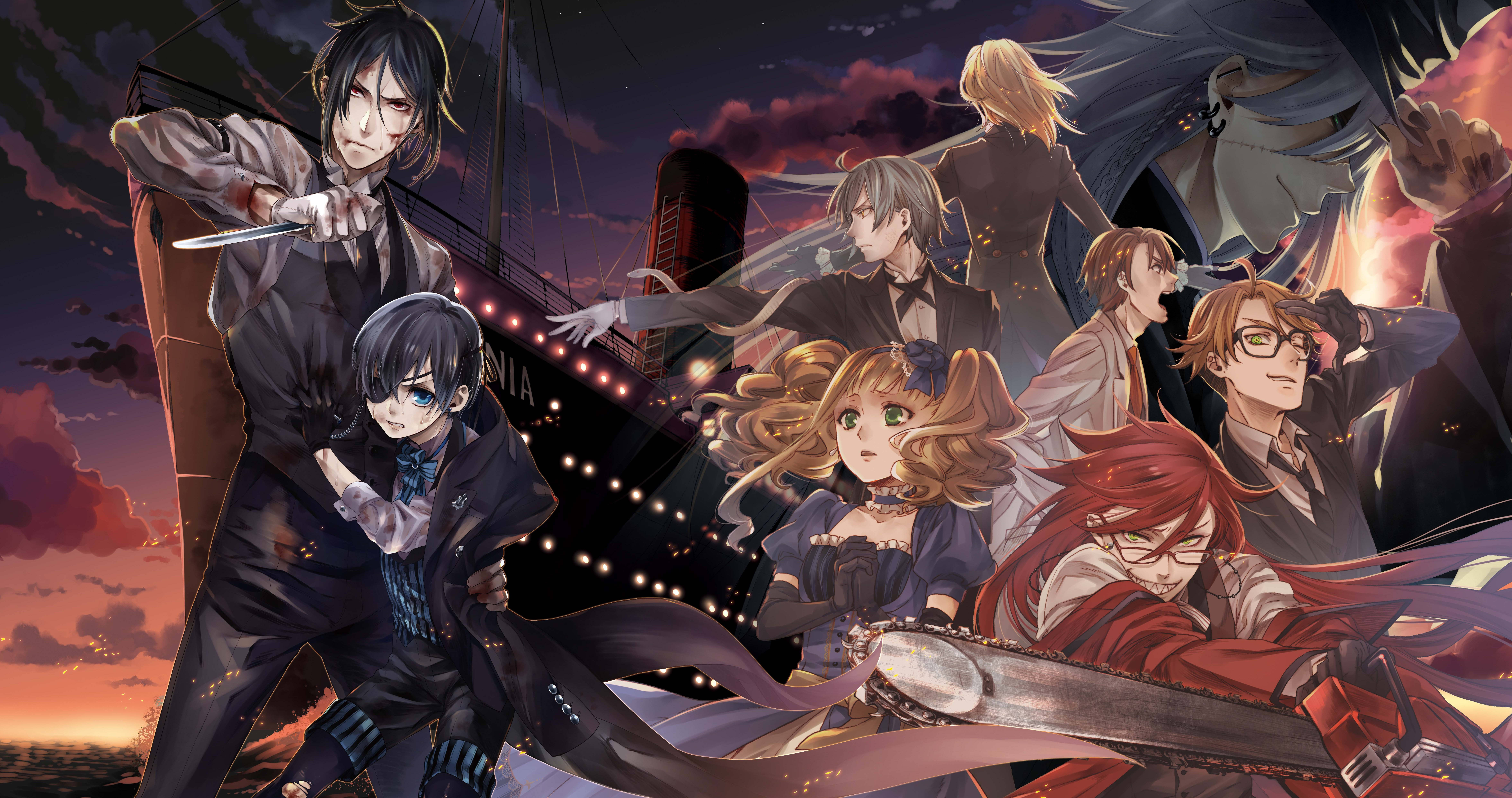 Black Butler, anime cruise ship, fiery sunset sky, 8K Desktop Wallpaper