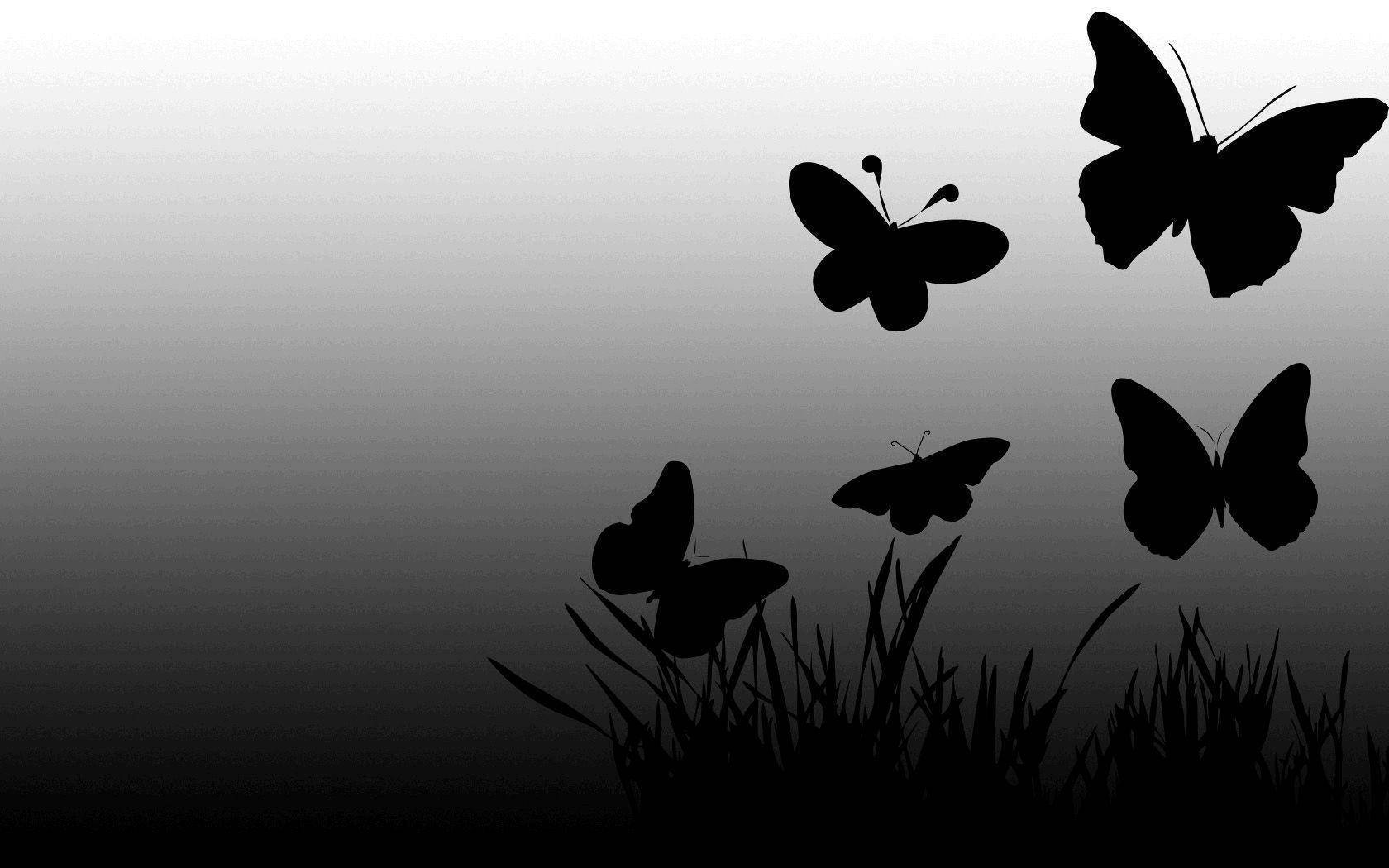 Black Butterfly, grass, gradient gray sky, HD Desktop Wallpaper