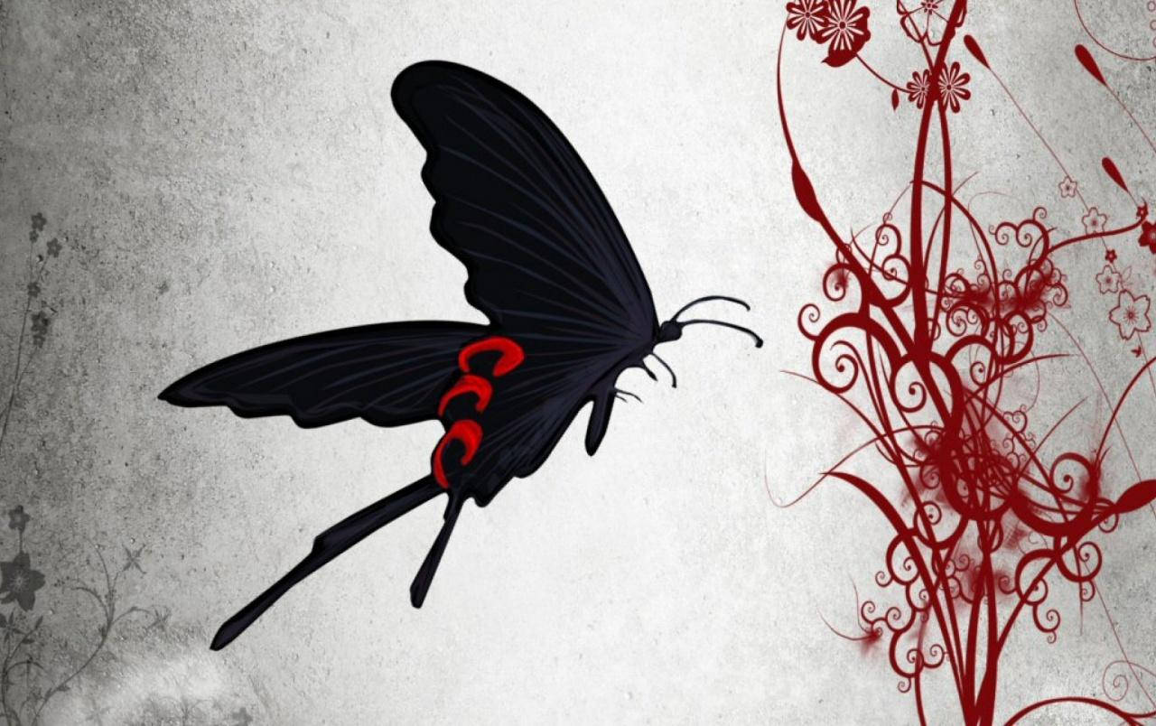 Black Butterfly, red spots on back, ornate red floral swirls, HD Desktop Wallpaper