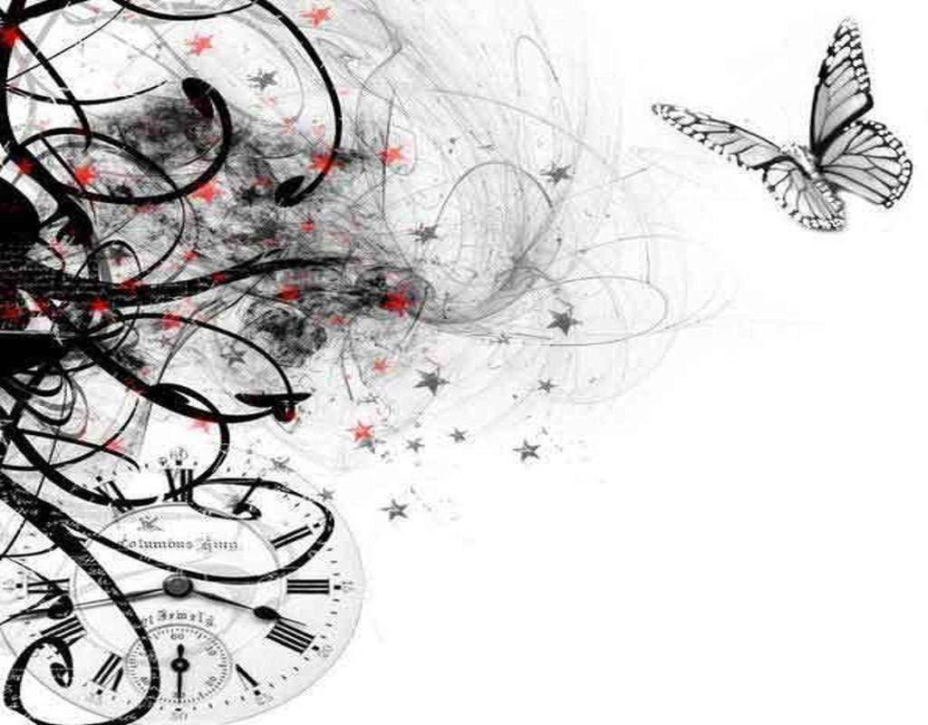 Black Butterfly, monochrome clock face, swirling ink, SD Desktop Wallpaper