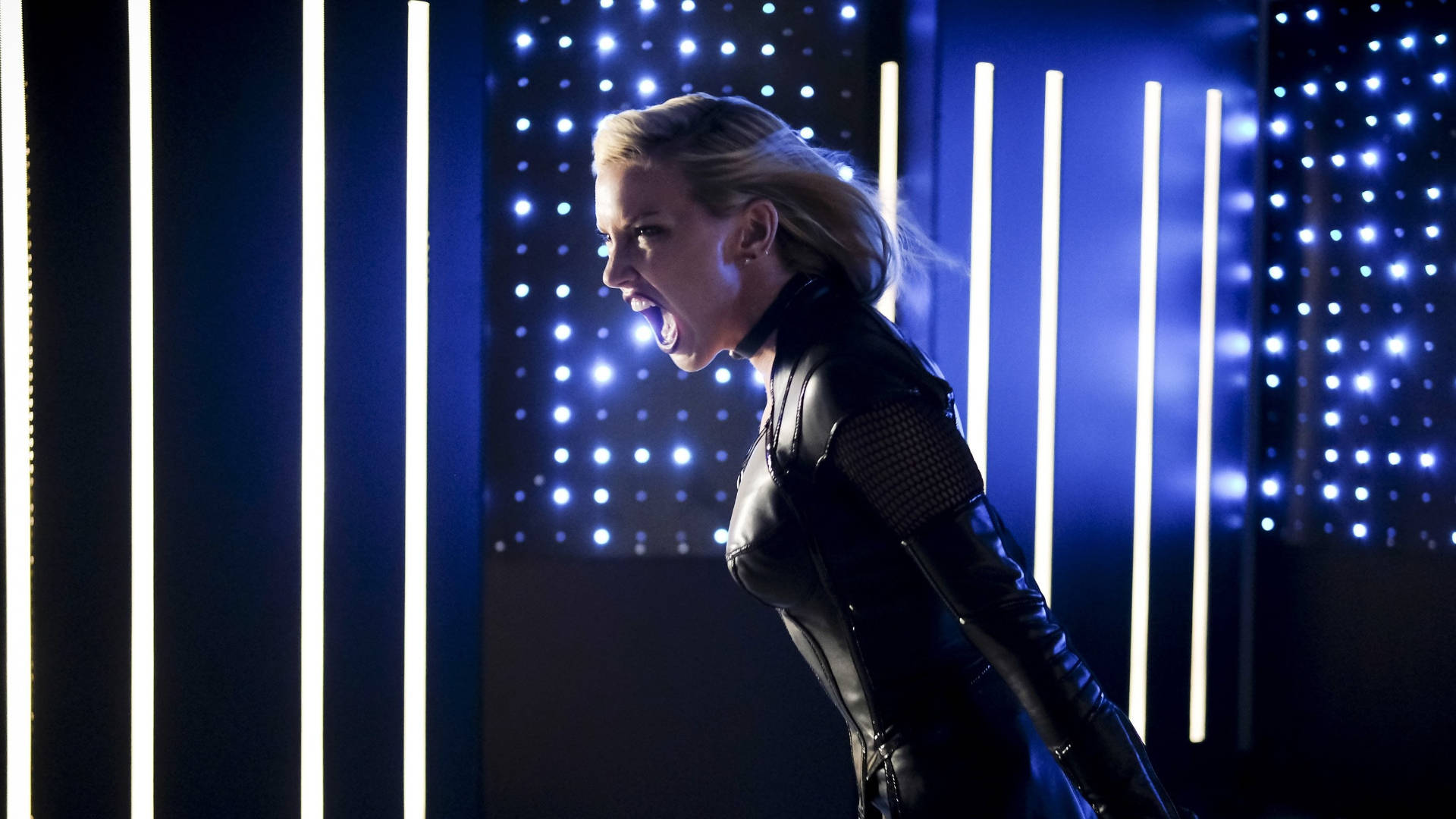 Black Canary, black leather catsuit, glowing vertical lights, Full HD Desktop Wallpaper