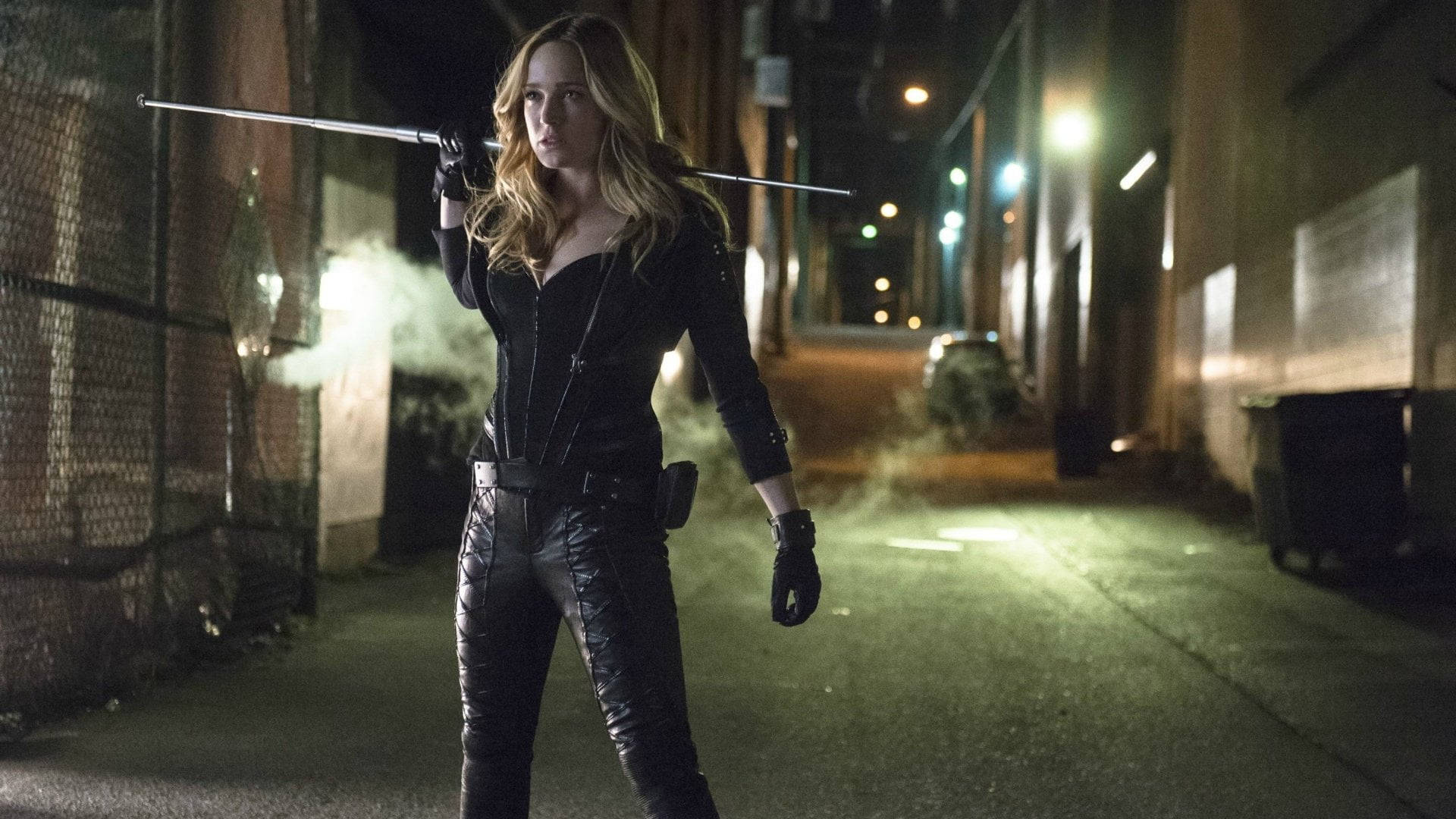 Black Canary, silver pole, black leather armor, Full HD Desktop Wallpaper