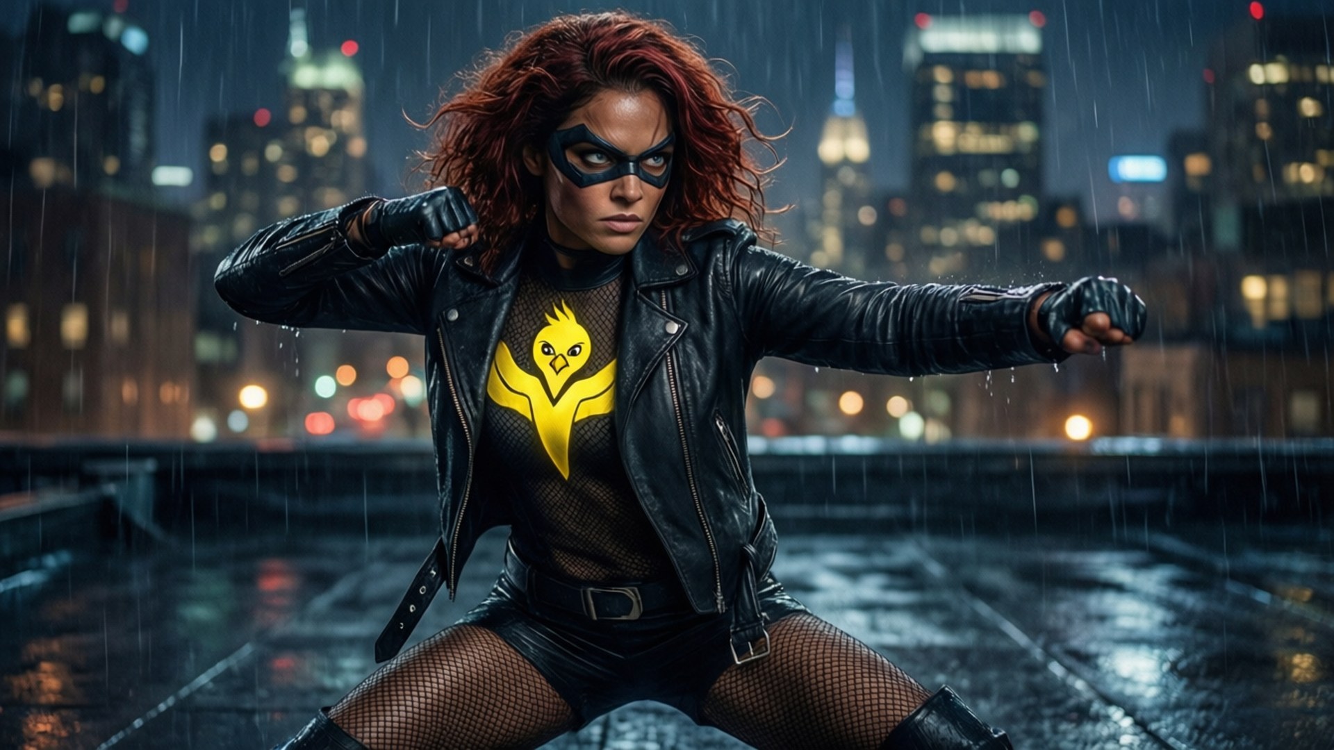 Black Canary, night rooftop showdown, rain-slicked rooftop, Full HD Desktop Wallpaper