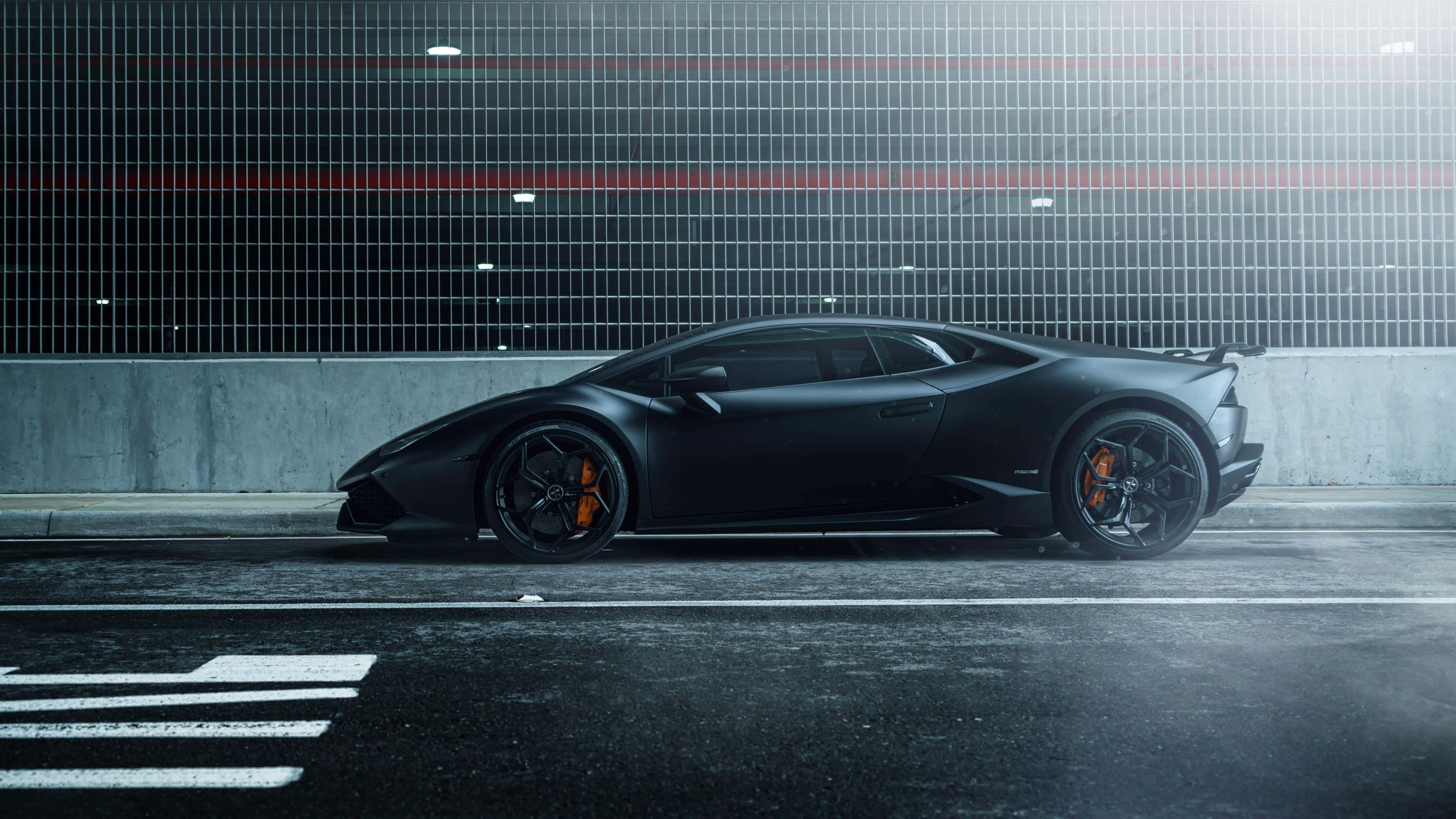 matte black, orange brake calipers, urban garage, 4K Desktop Wallpaper