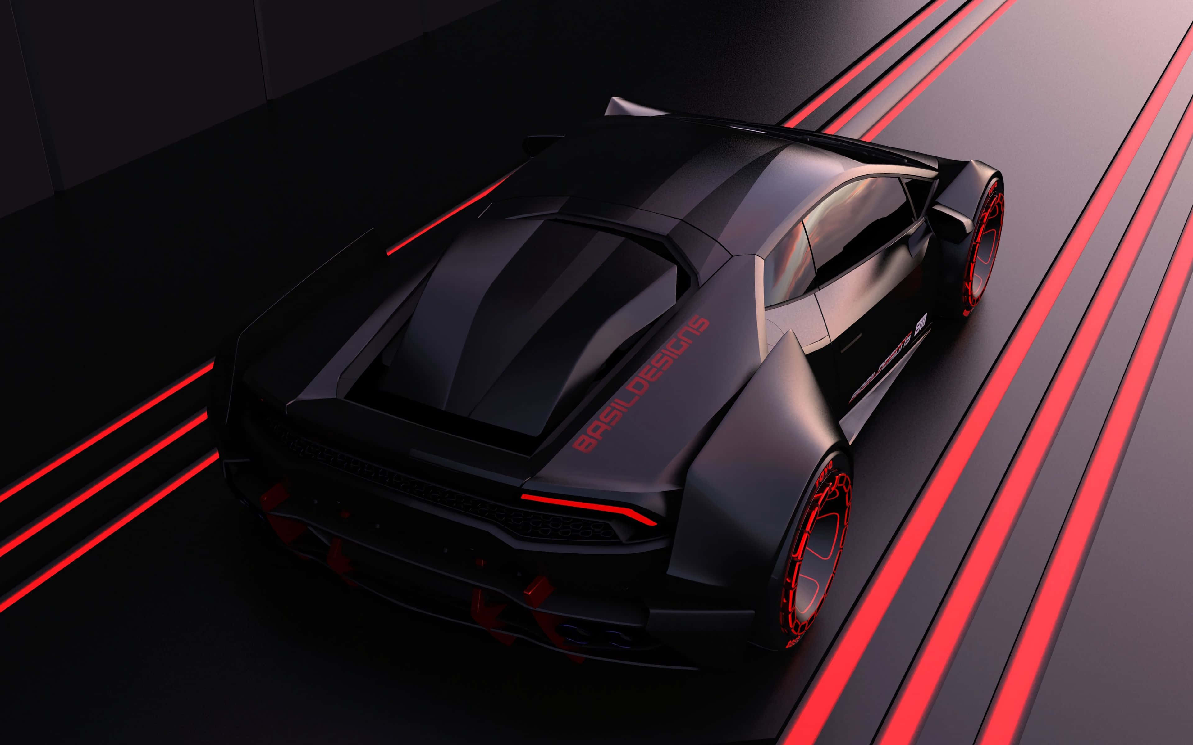 futuristic car, sleek black sports car, glowing red accents, 4K Desktop Wallpaper