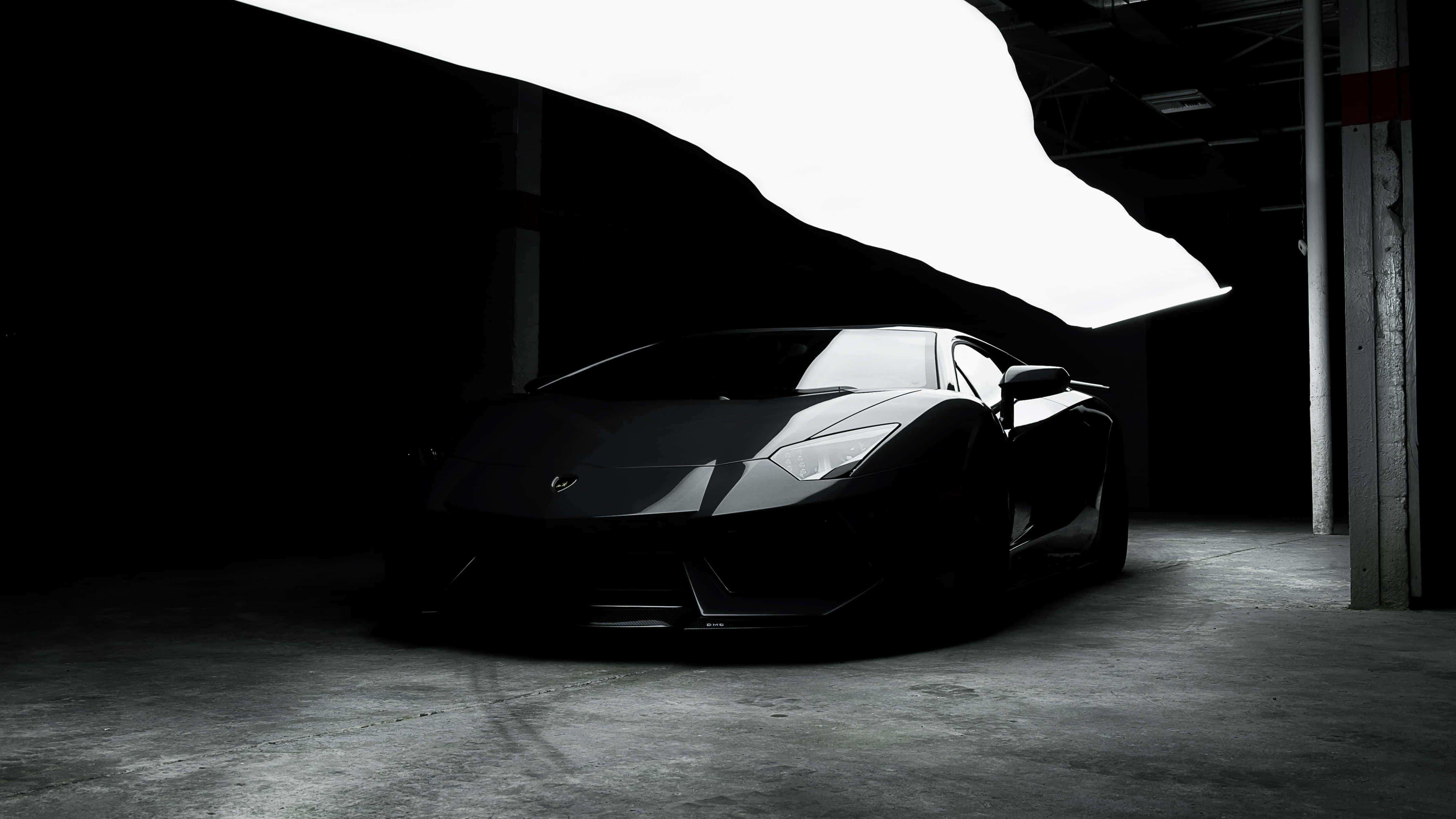 black sports car, shadowy garage, industrial garage, 4K Desktop Wallpaper