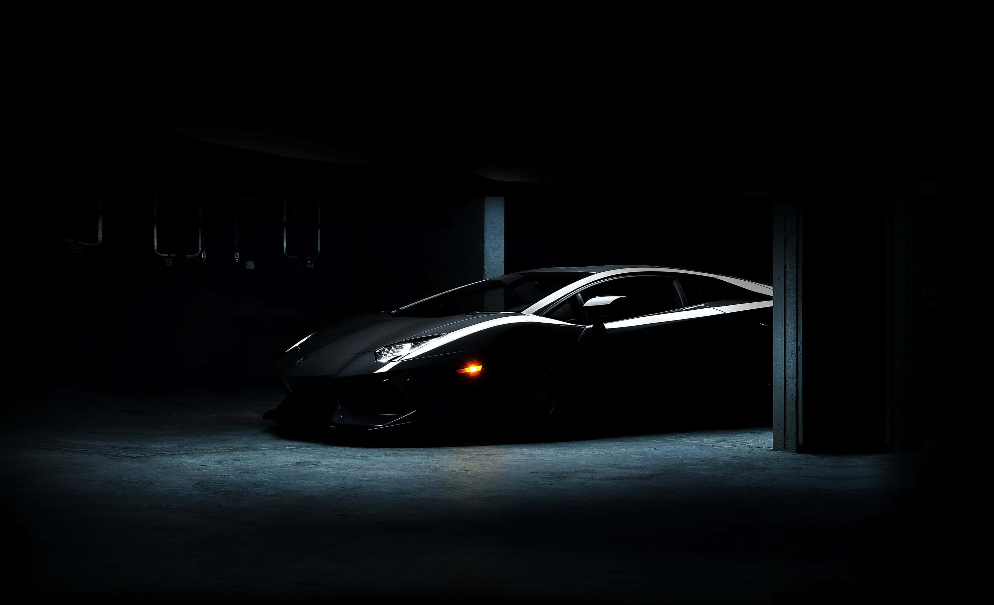 black sports car, single spotlight, dark underground garage, 4K Desktop Wallpaper