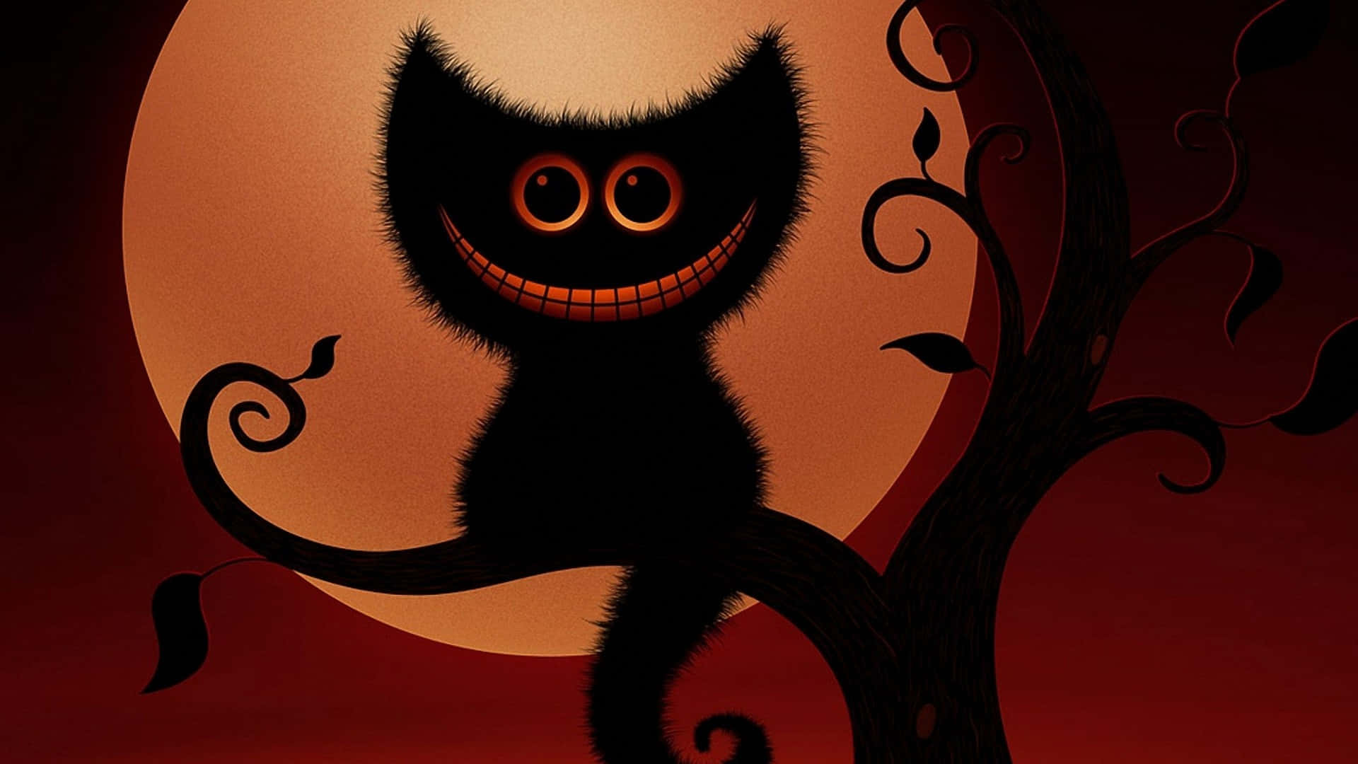 black cartoon cat, glowing eyes, grin, Full HD Desktop Wallpaper