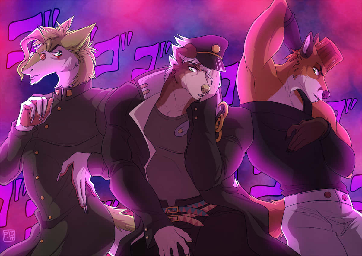 animated fox, menacing kanji background, vibrant purple and pink neon background, SD Desktop Wallpaper