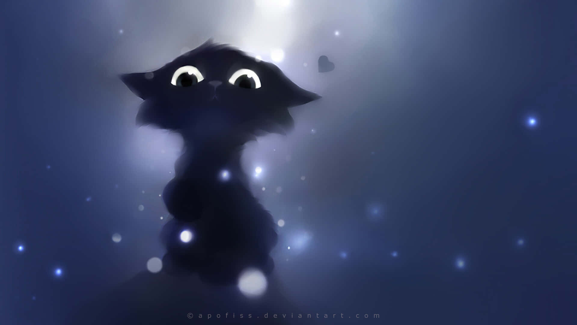 black cat, big eyes, starry blue haze, Full HD Desktop Wallpaper
