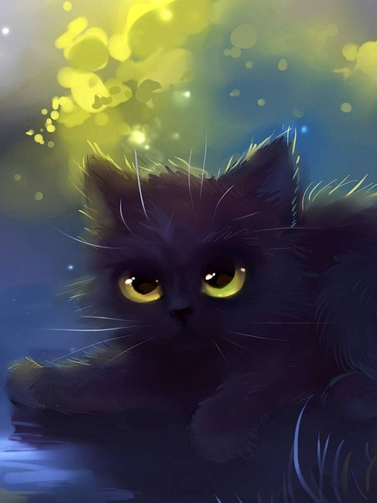 black cat, glowing amber eyes, dark blue water surface, Full HD Phone Wallpaper