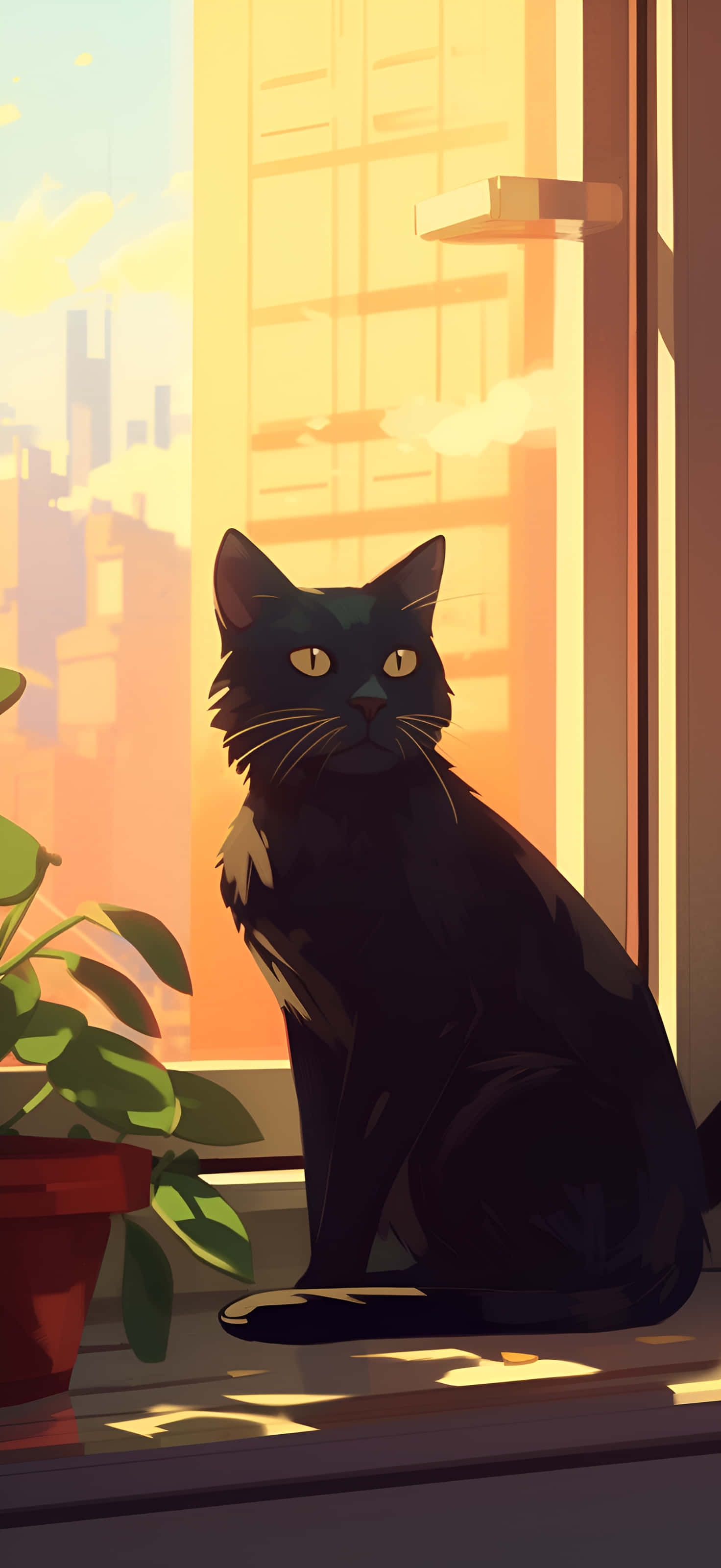 Black Cat, sunlit window, warm golden sunlight, 2K Phone Wallpaper