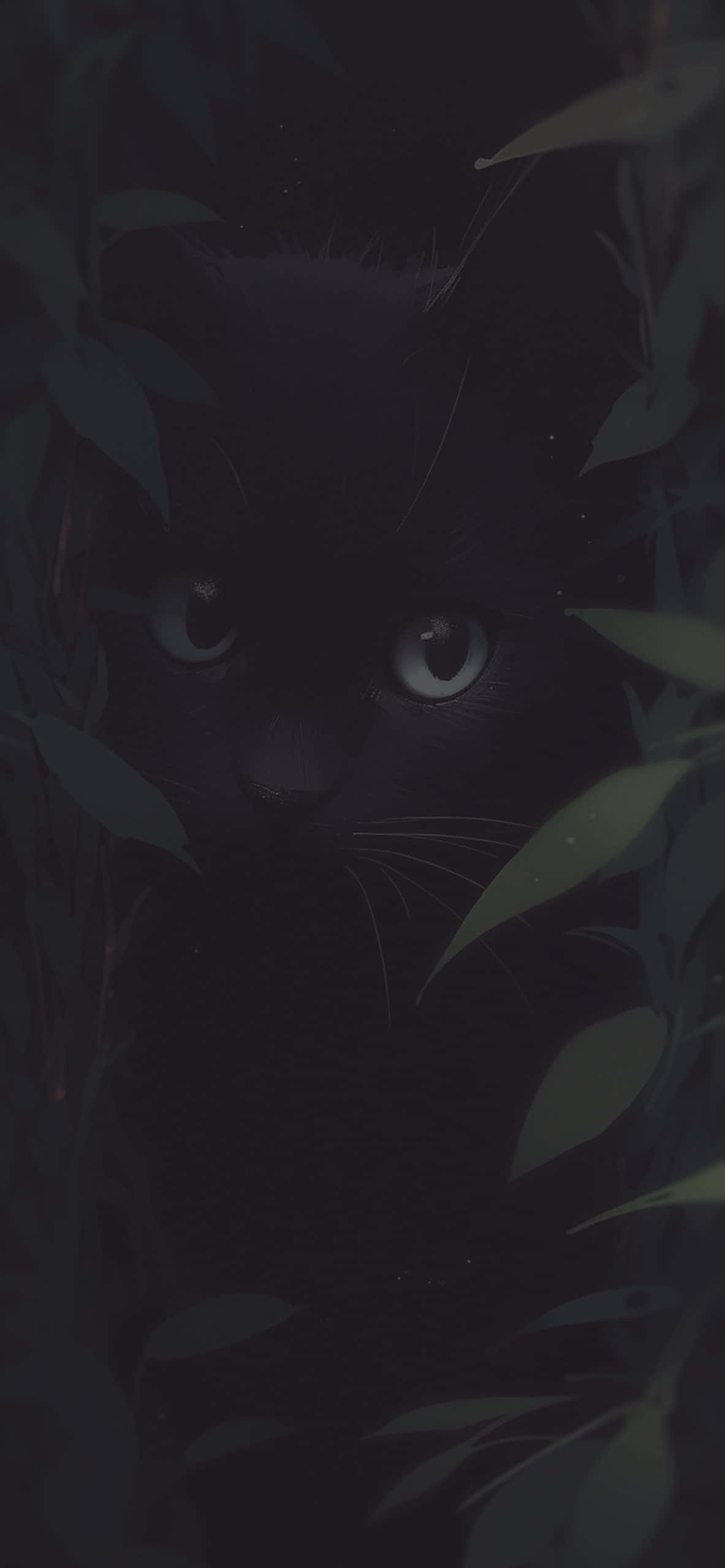 black cat, glowing eyes, dark green leaves, 2K Phone Wallpaper