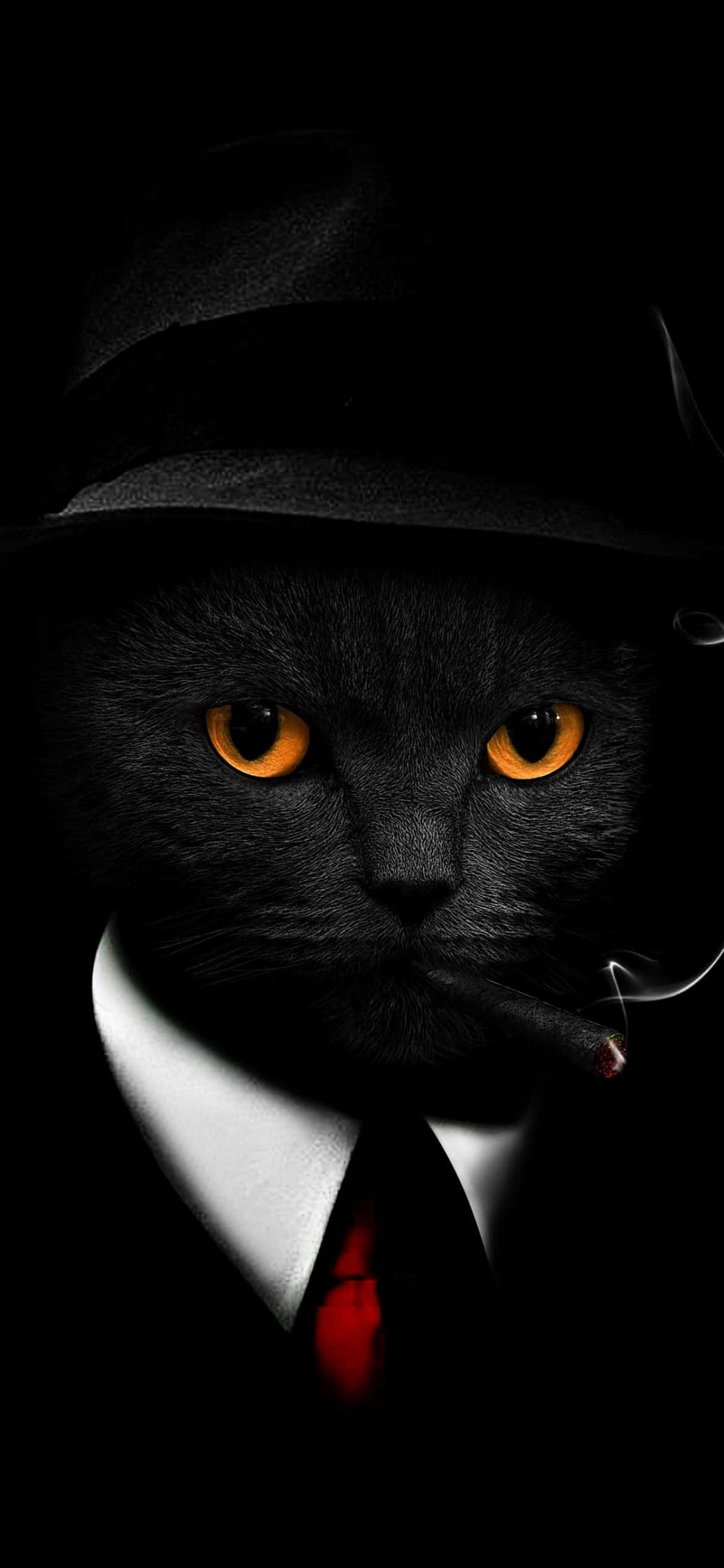 black cat, fedora suit, red tie, Full HD Phone Wallpaper