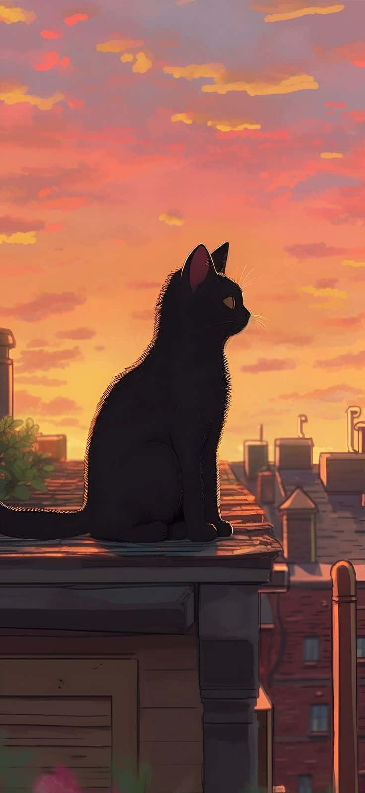black cat, sunset, rooftop, HD Phone Wallpaper