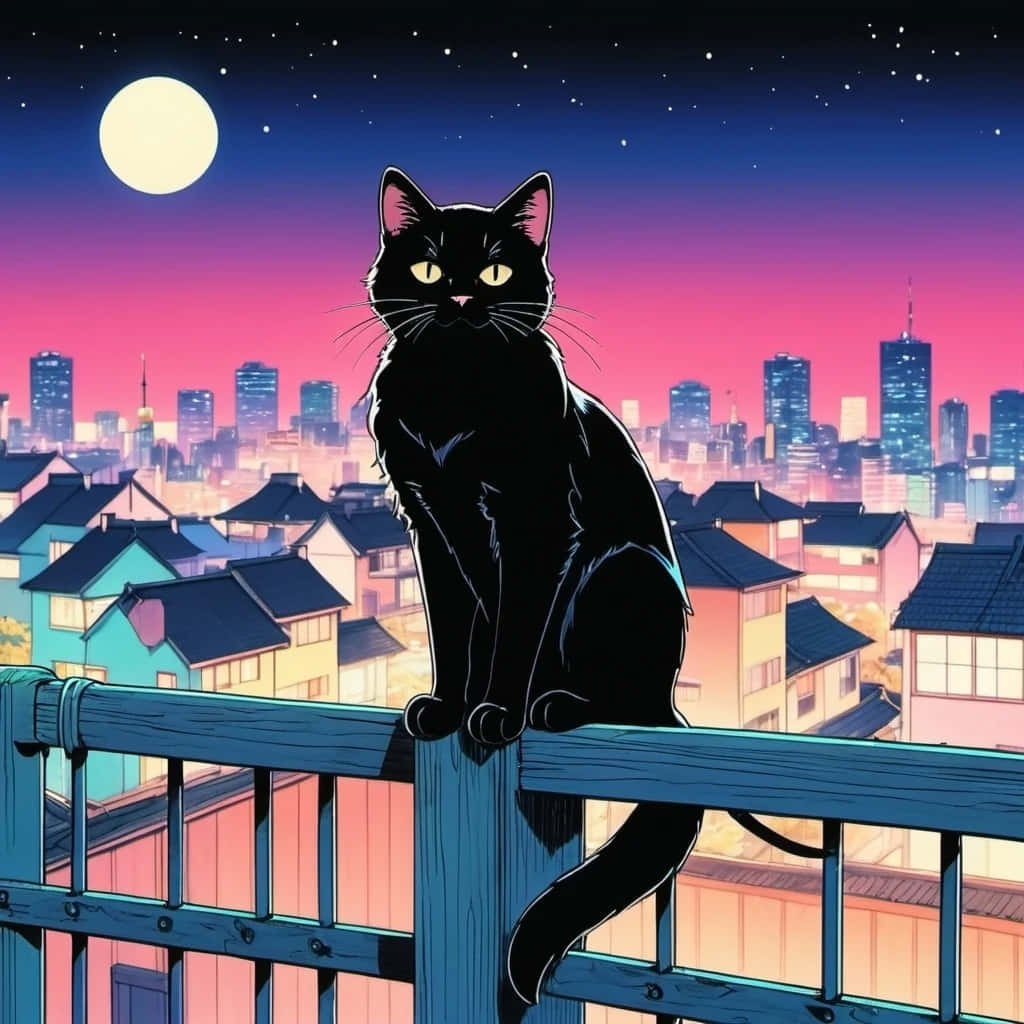 black cat, glowing yellow eyes, blue railing, SD Desktop Wallpaper