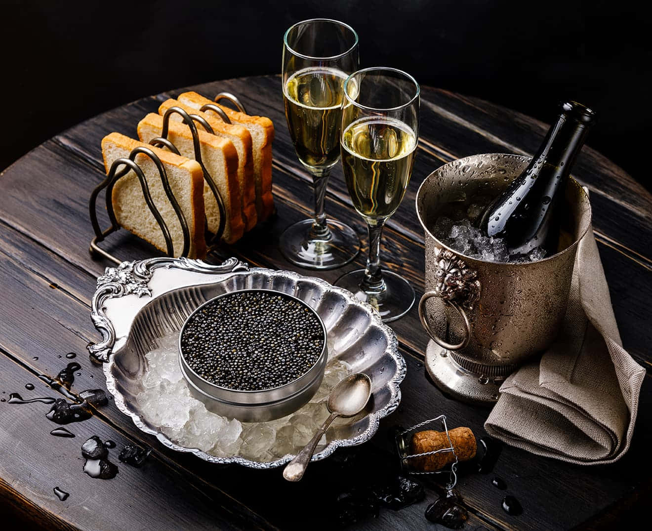 Black Caviar, silver bowl, champagne flutes, HD Desktop Wallpaper