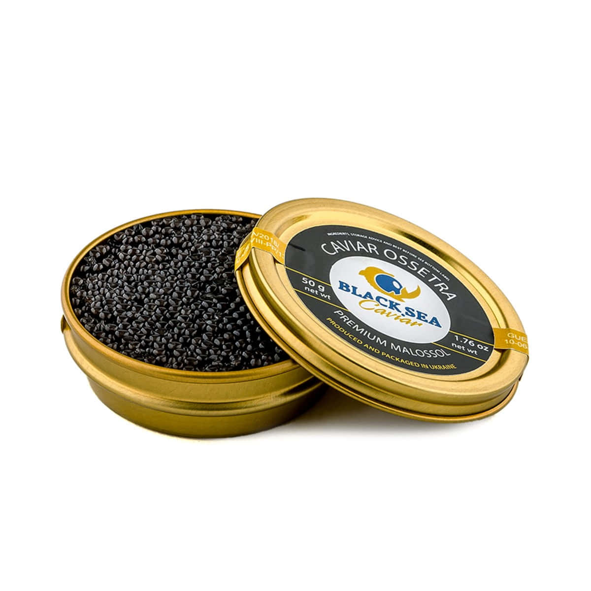 Black Sea caviar ossetra, gold tin, lid ajar, SD Desktop Wallpaper