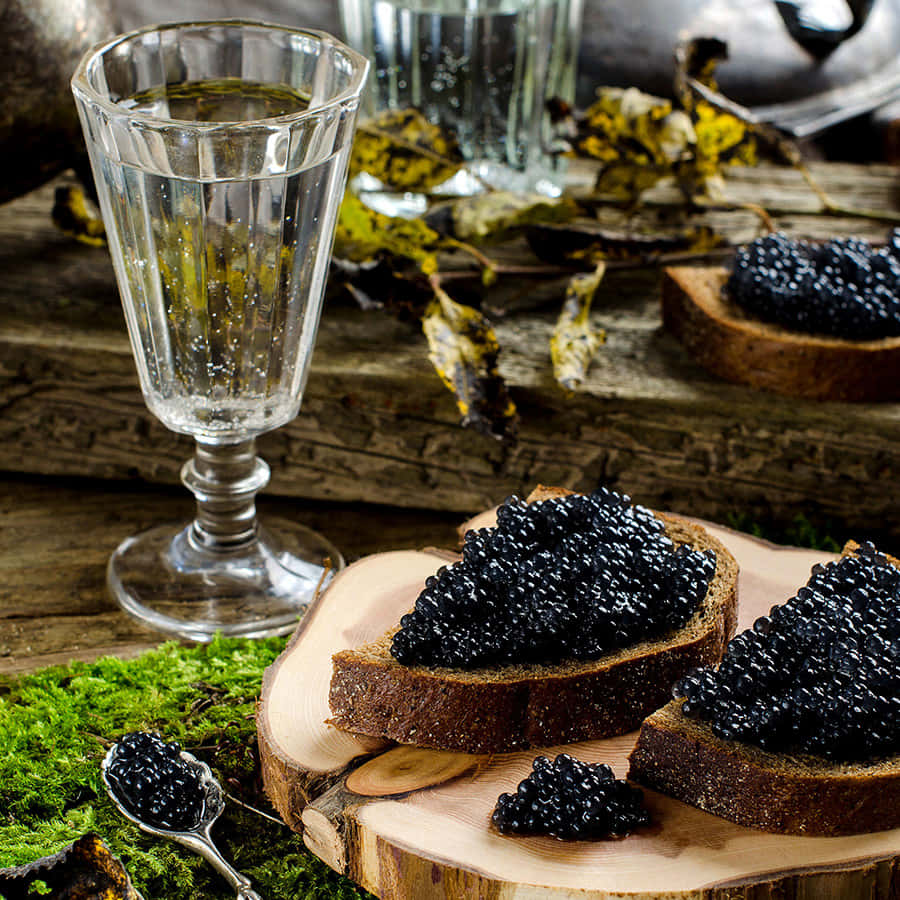 Black Caviar, rustic bread, wooden board, SD Desktop Wallpaper