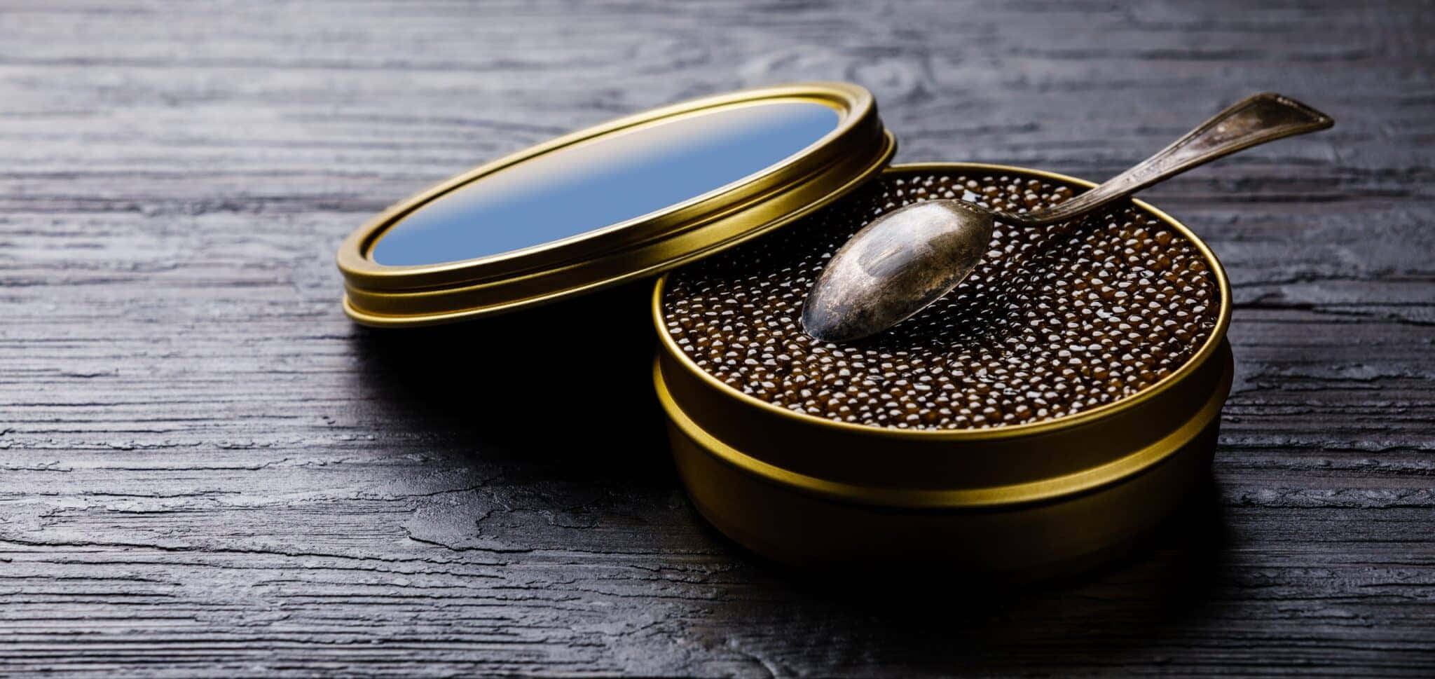 Black Caviar, tarnished spoon, dark rustic wooden surface, Full HD Desktop Wallpaper