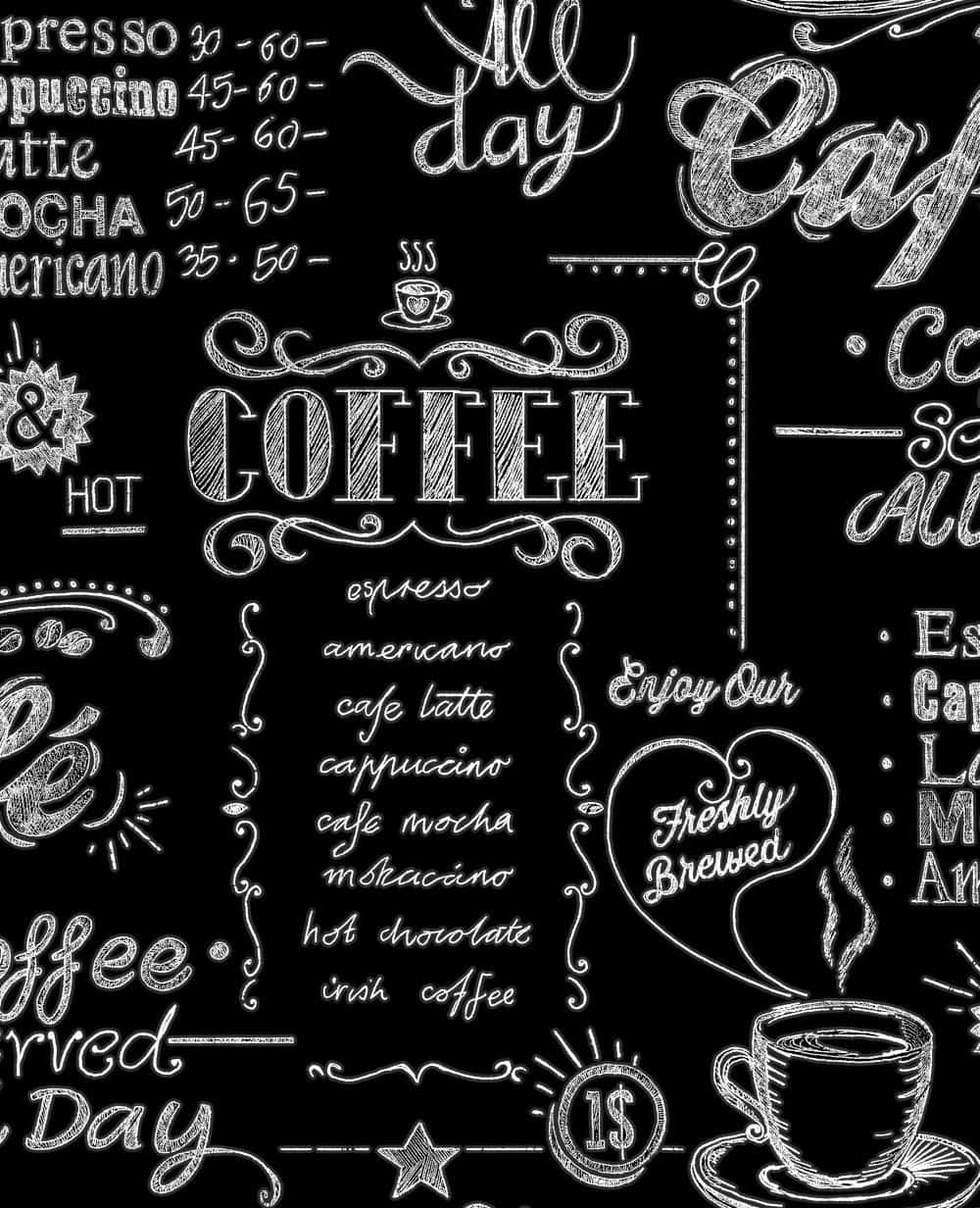 black coffee, chalkboard-style coffee menu, ornate script, SD Phone Wallpaper