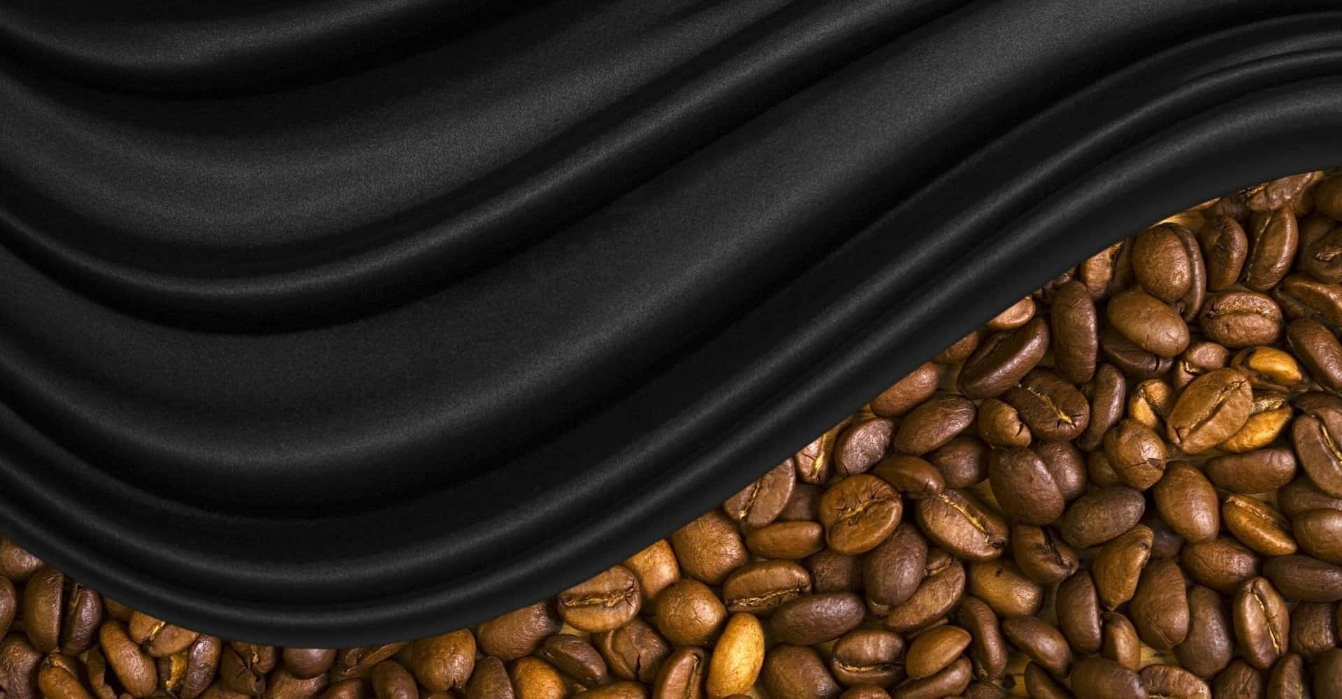 black coffee, rich brown coffee beans, flowing black satin fabric, Full HD Desktop Wallpaper