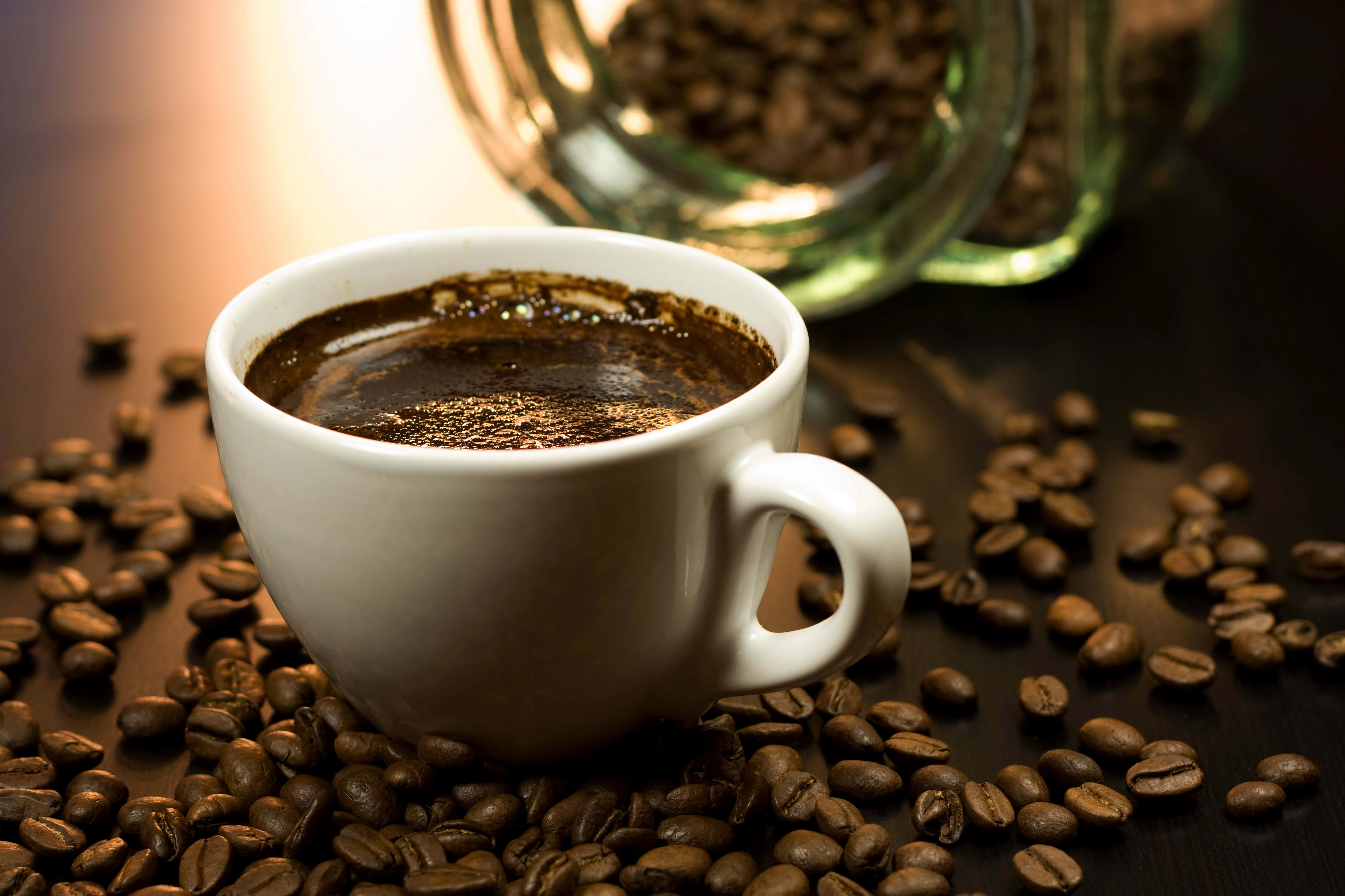 black coffee, white coffee cup, roasted coffee beans, 8K Desktop Wallpaper