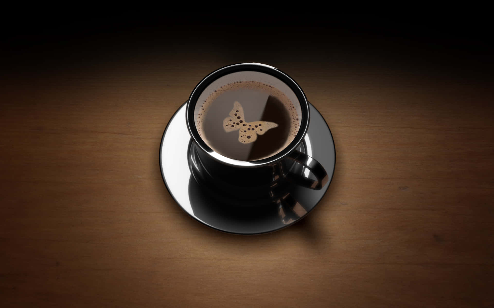 black cup of coffee, butterfly foam design, wooden table, Full HD Desktop Wallpaper