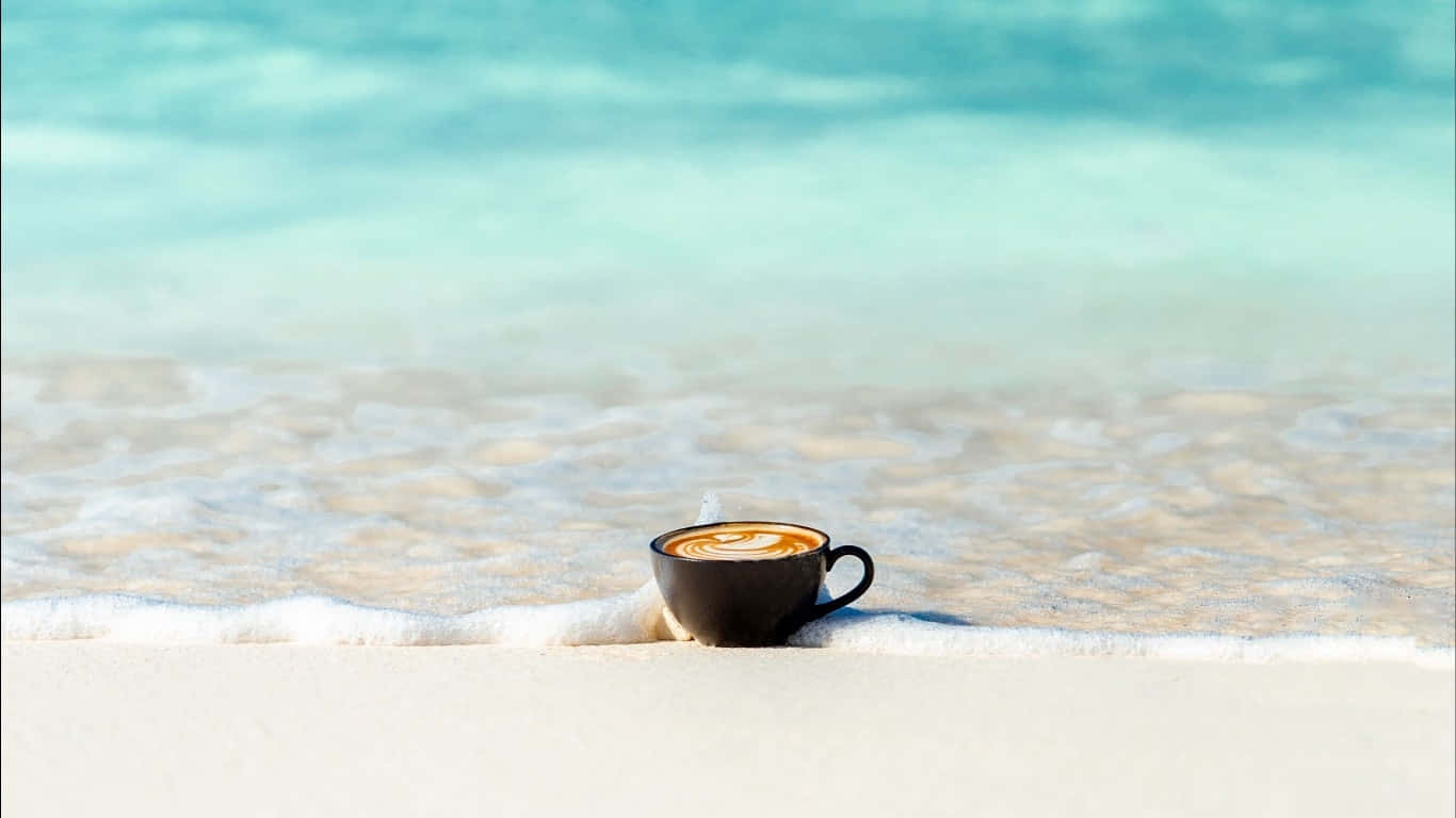 black coffee cup, latte art, white sand, HD Desktop Wallpaper