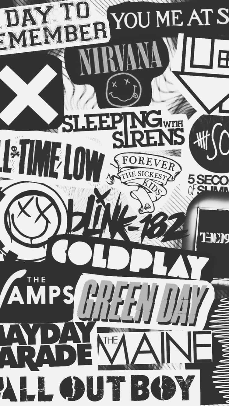 black and white photo, stickers, iconic rock band logos, HD Phone Wallpaper
