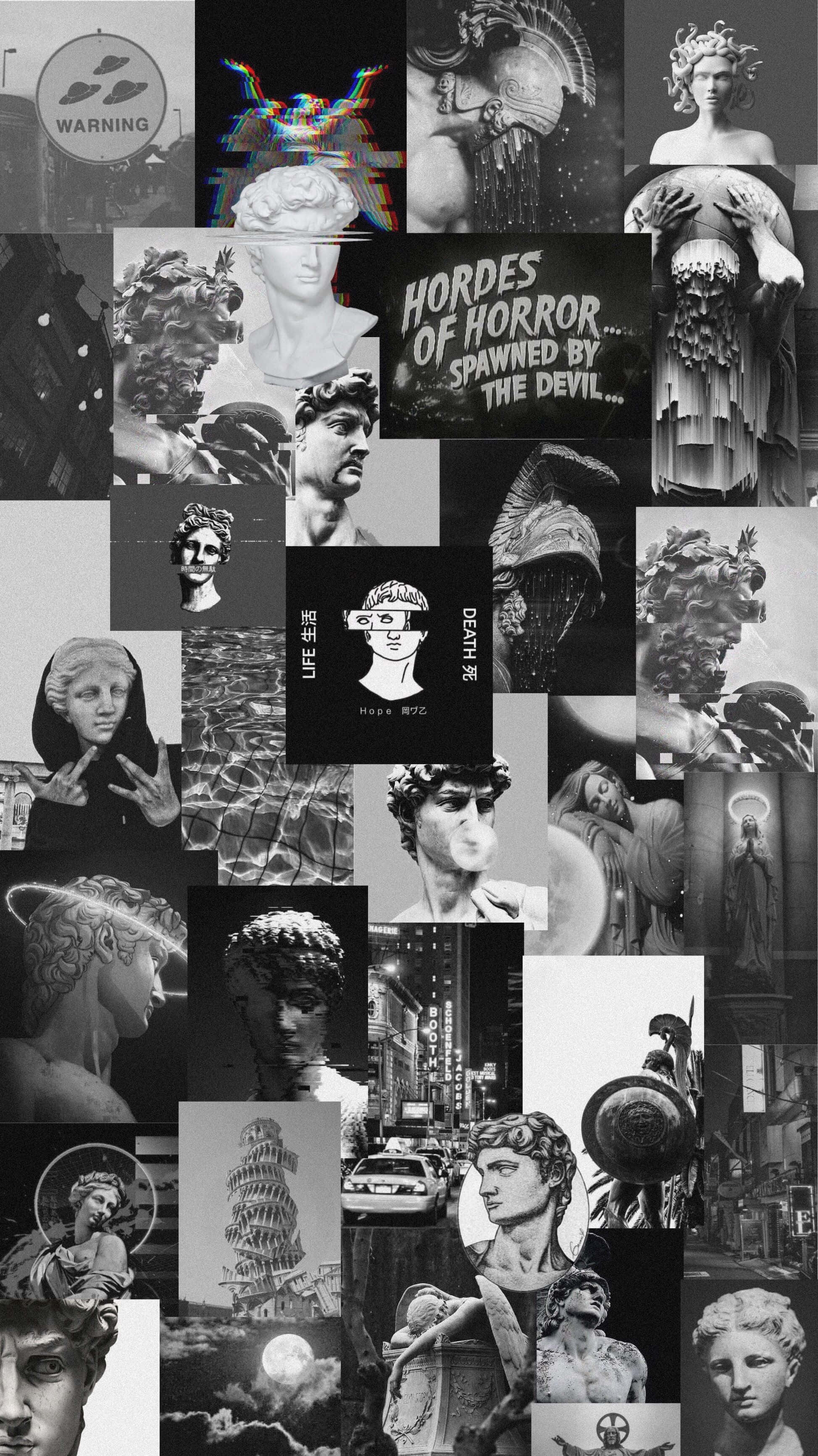 black and white, classical statues, horror text, 2K Phone Wallpaper