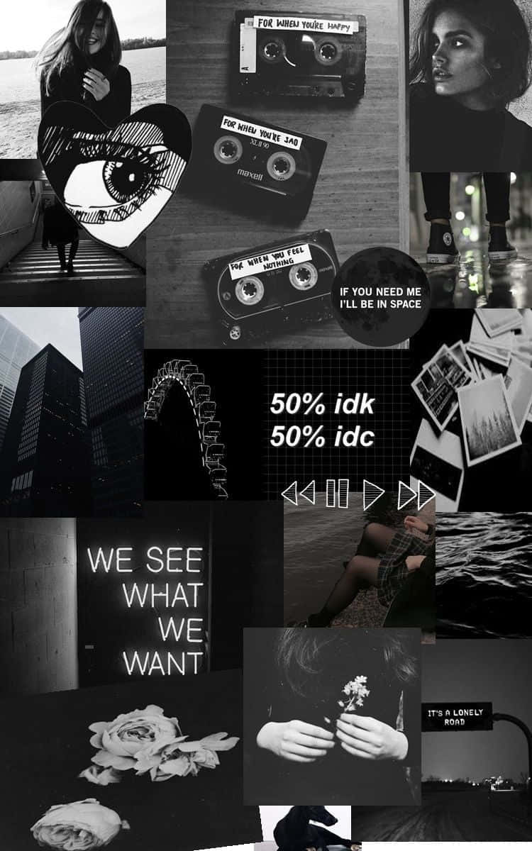 black collage, cassette tapes, roses, SD Phone Wallpaper