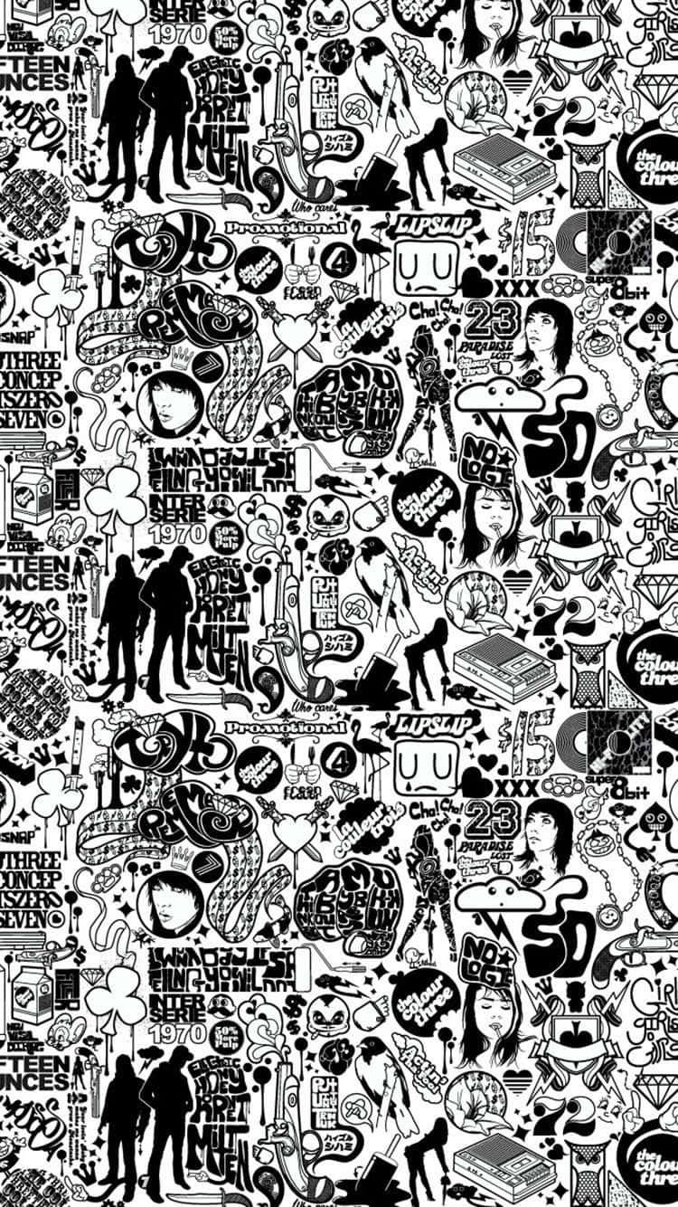 black and white pattern, retro pop culture icons, doodles, HD Phone Wallpaper