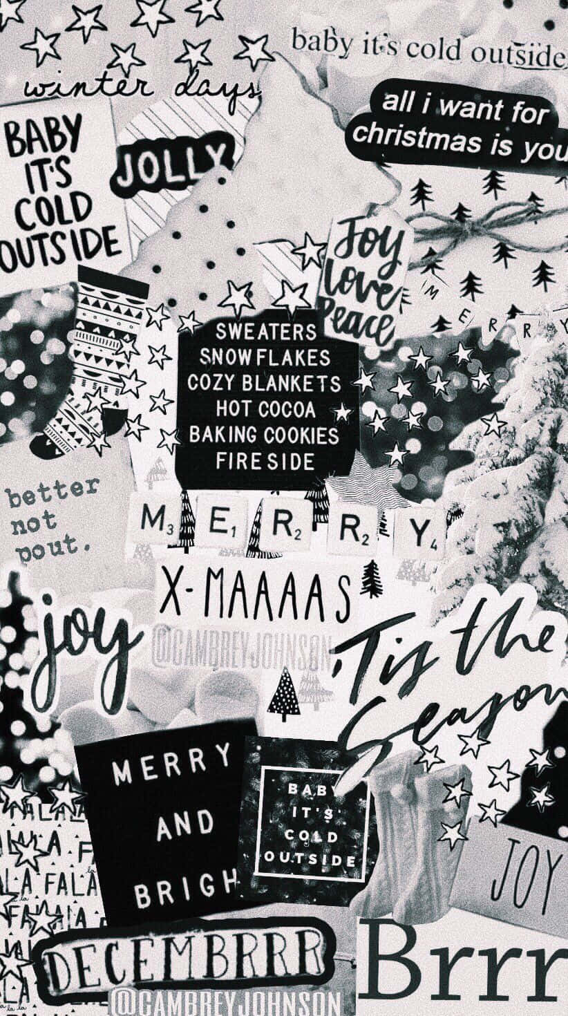 black collage, Christmas-themed text snippets, snowflakes, HD Phone Wallpaper