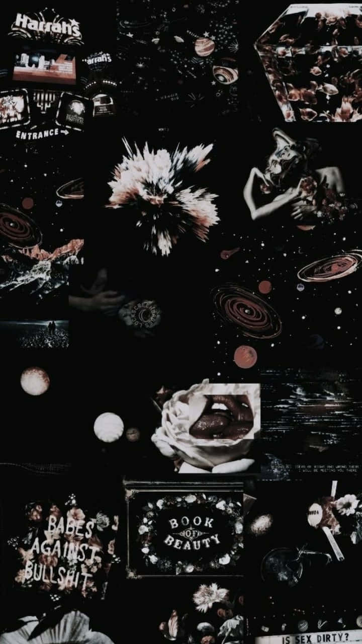 Black Collage, cosmic swirls, roses, HD Phone Wallpaper