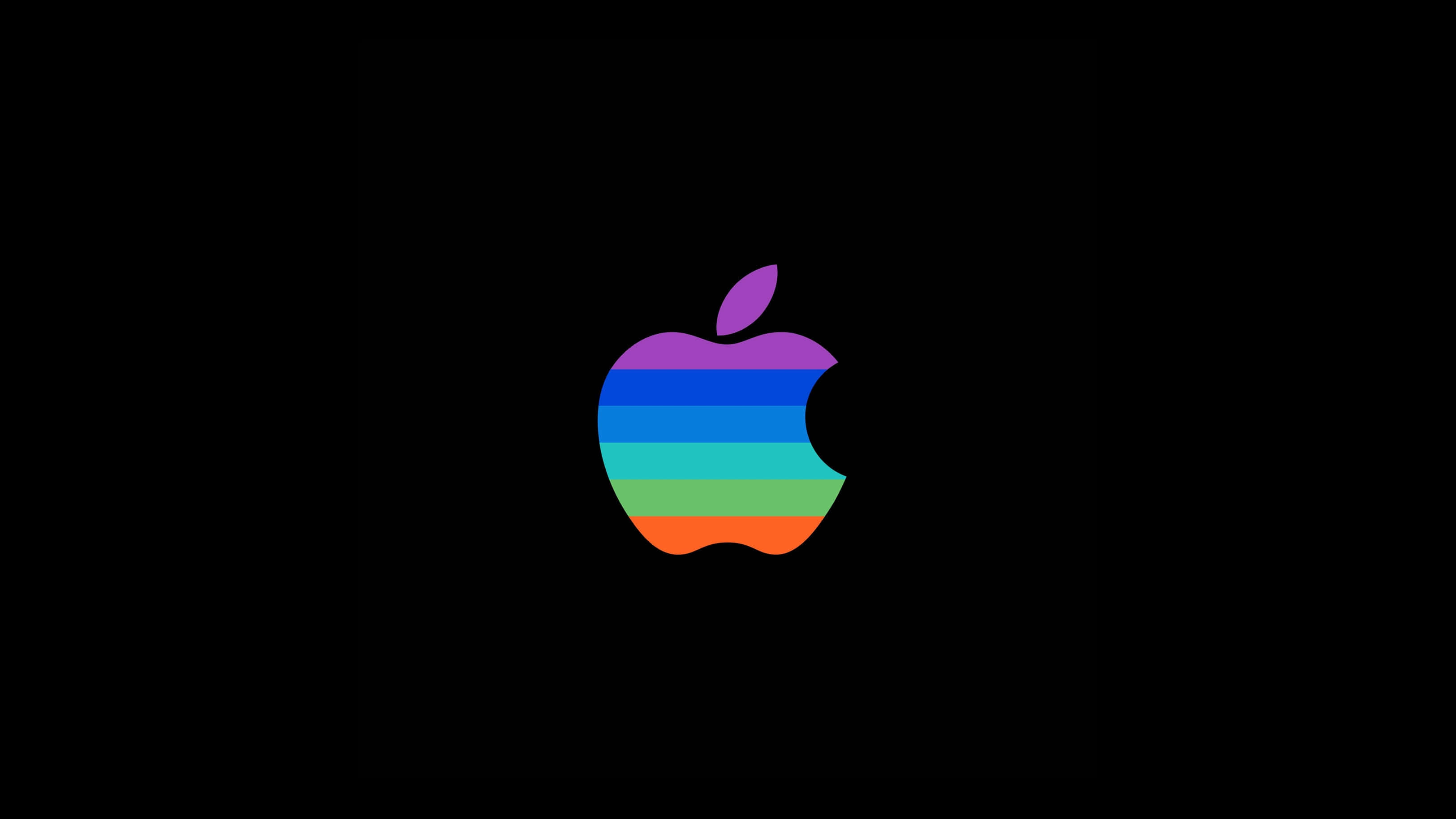 apple logo, rainbow-striped, solid black background, 2K Desktop Wallpaper