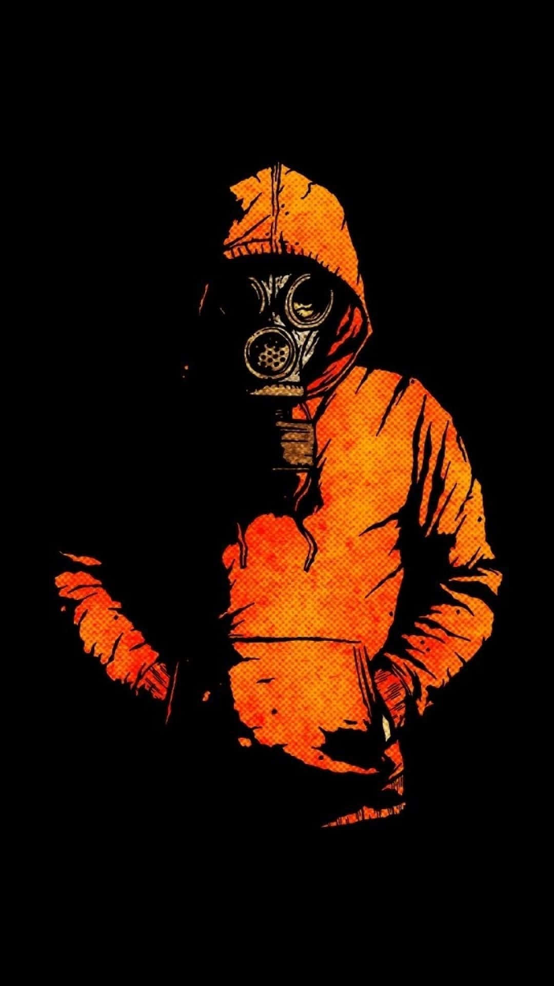 glowing orange hooded jacket, gas mask, stark black background, Full HD Phone Wallpaper