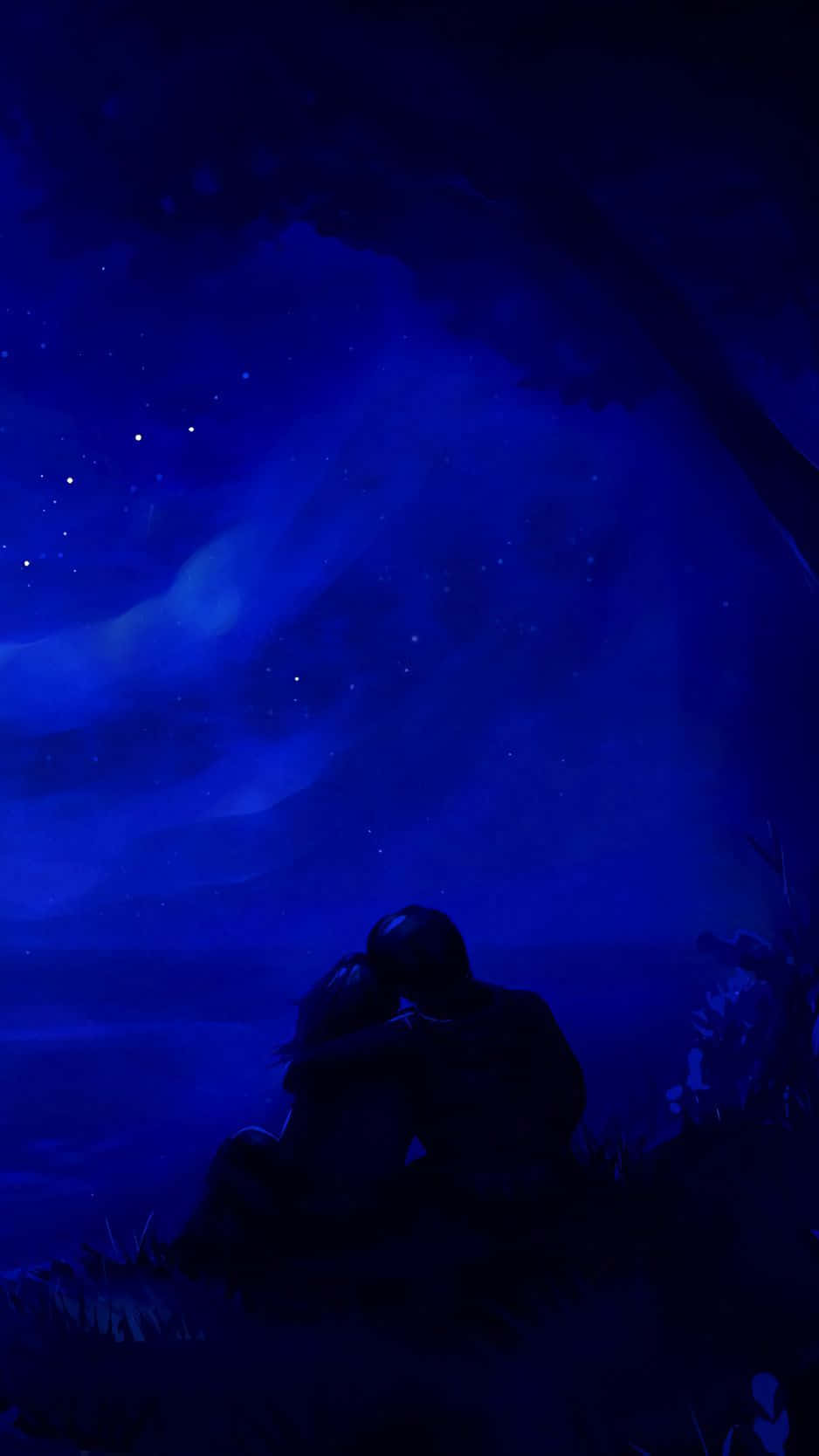 black couple, starry night sky, ethereal blue auroras, HD Phone Wallpaper