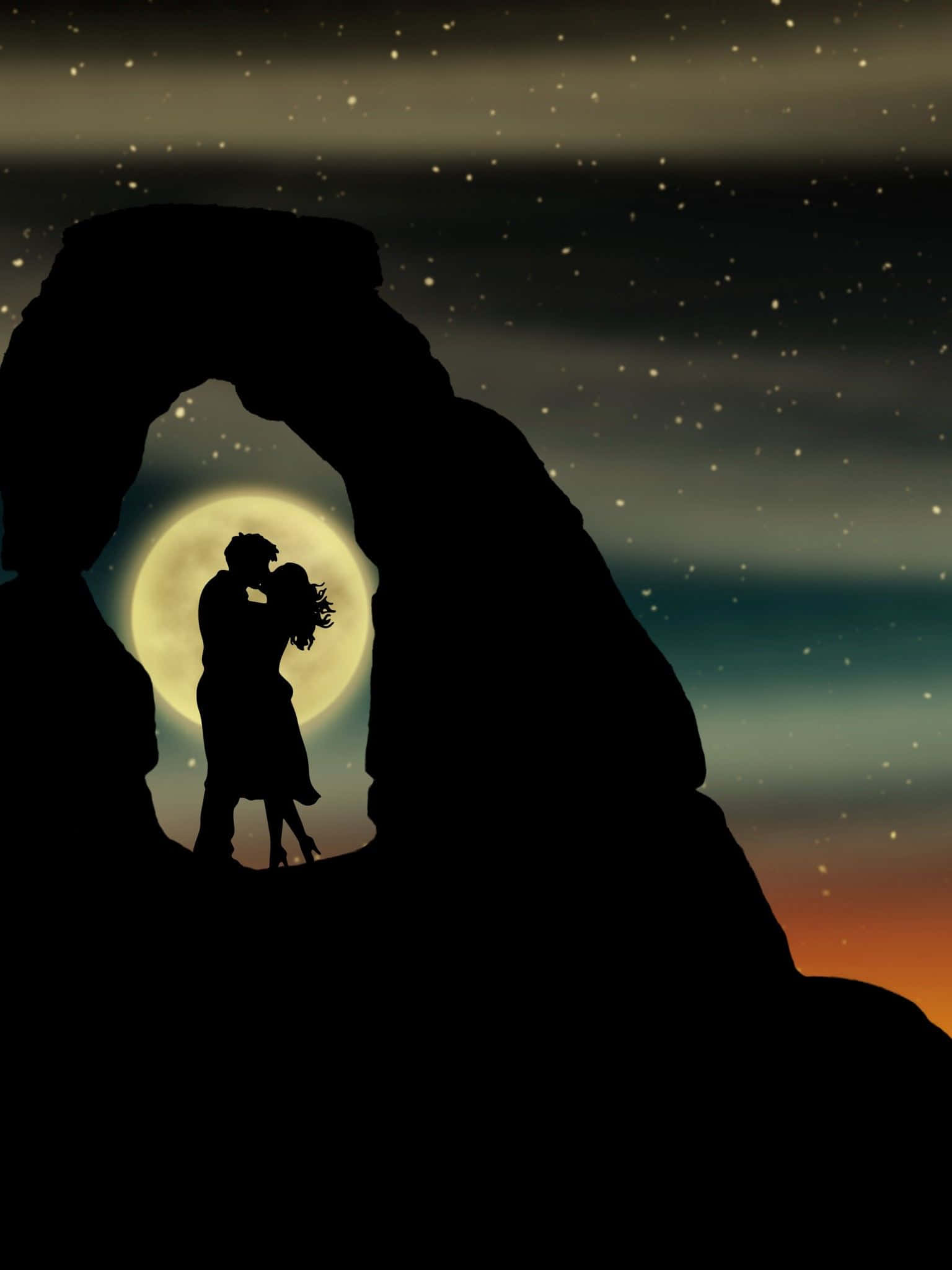 Black couple, glowing moon, natural rock arch, Full HD Phone Wallpaper