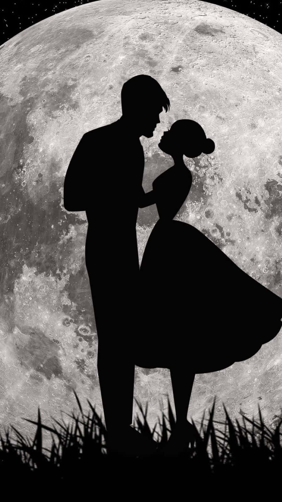 black couple, silhouetted couple, giant textured moon, HD Phone Wallpaper
