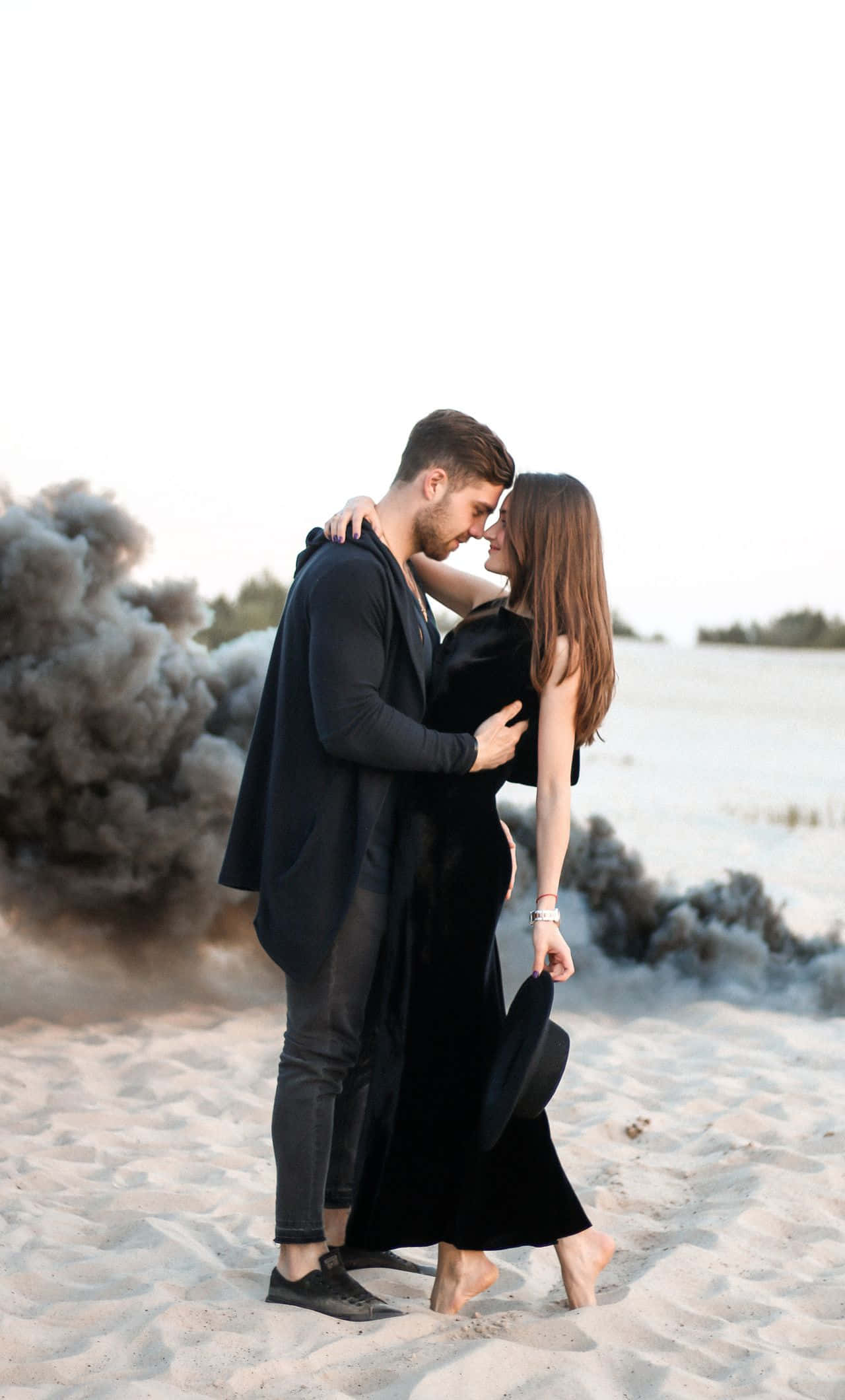 black couple, sandy beach, gray smoke, Full HD Phone Wallpaper
