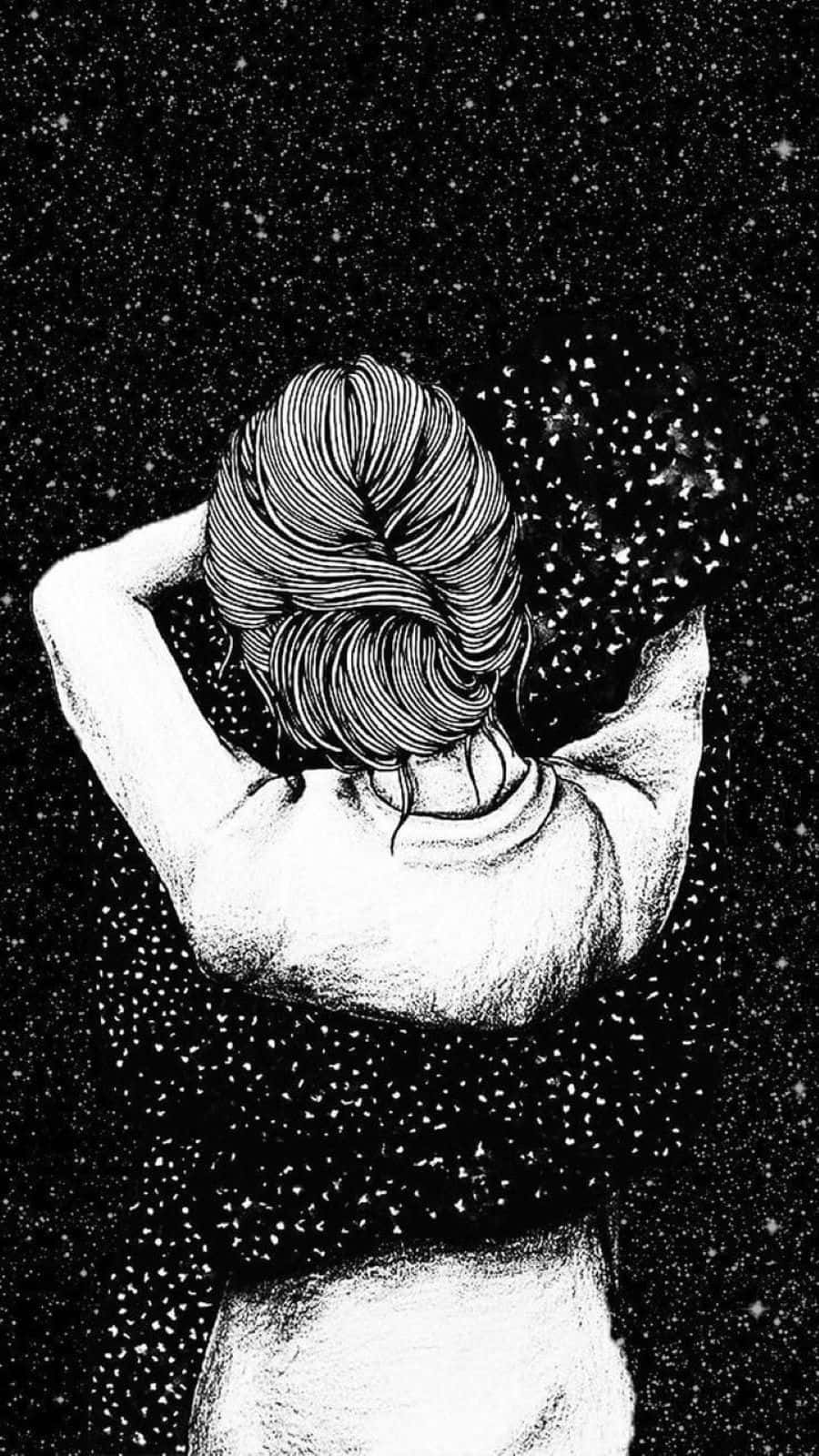 black couple, starry night sky, detailed black and white line art, HD Phone Wallpaper